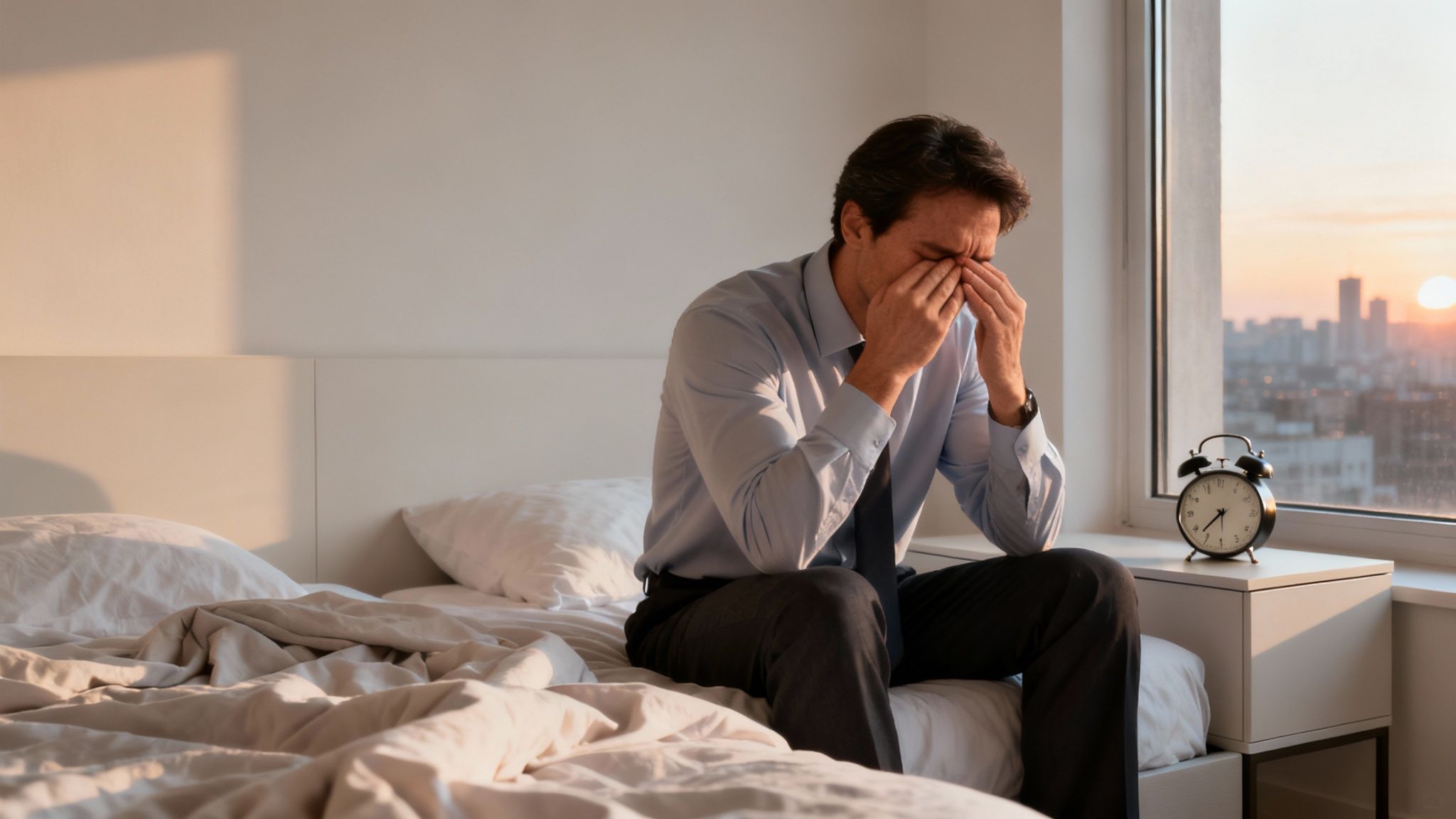 A tired man in business clothes sits on a bed, rubbing his eyes with an alarm clock nearby.