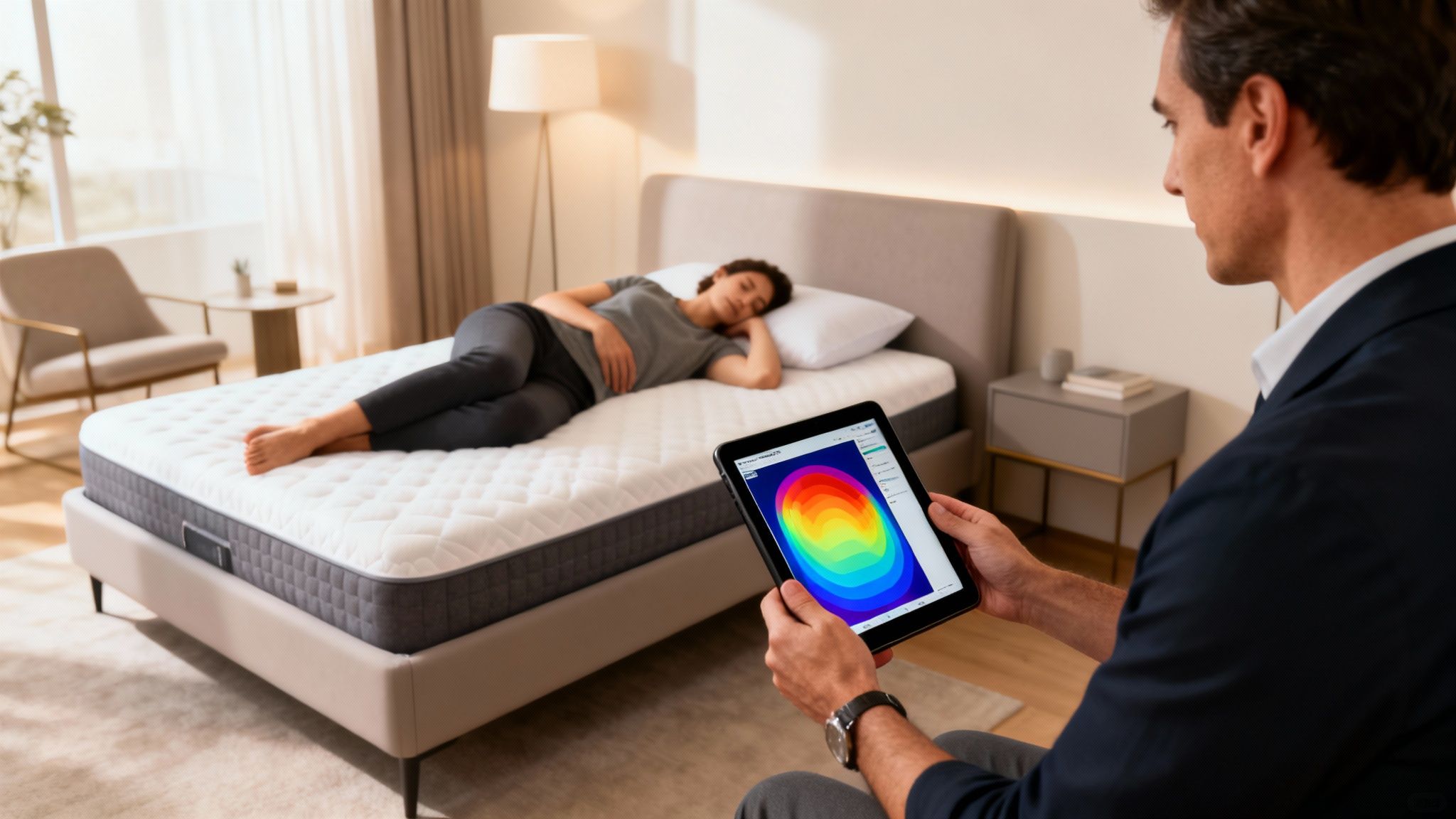 A man uses a tablet to adjust smart mattress settings for a woman sleeping on her side.