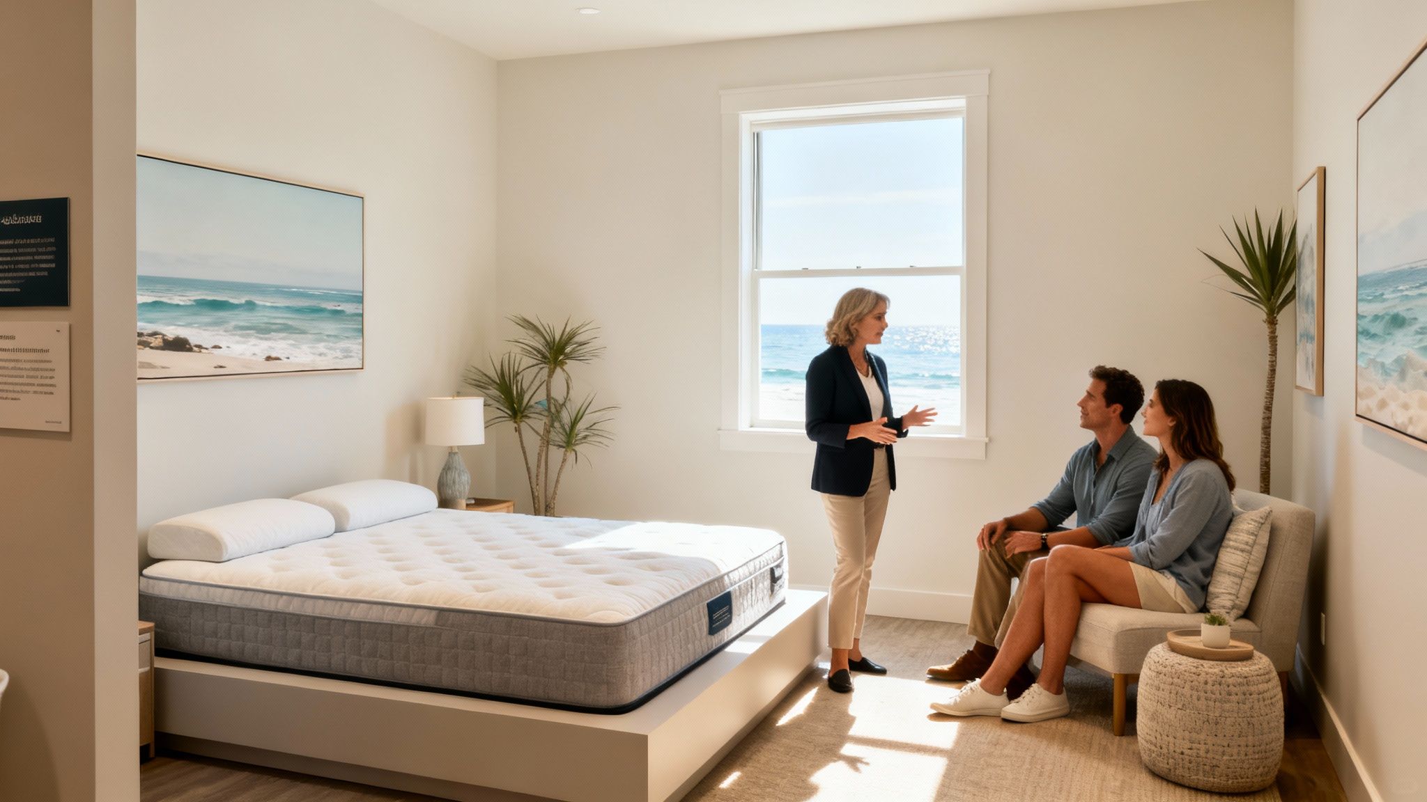 A sales consultant explains a modern mattress to a young couple in a bright, ocean-view showroom.