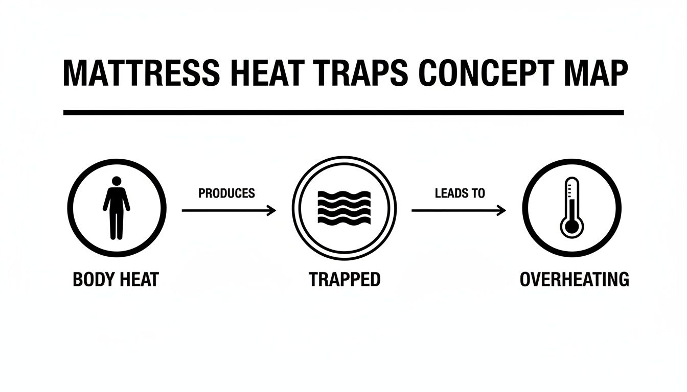 Concept map illustrating how body heat becomes trapped in a mattress, causing overheating.
