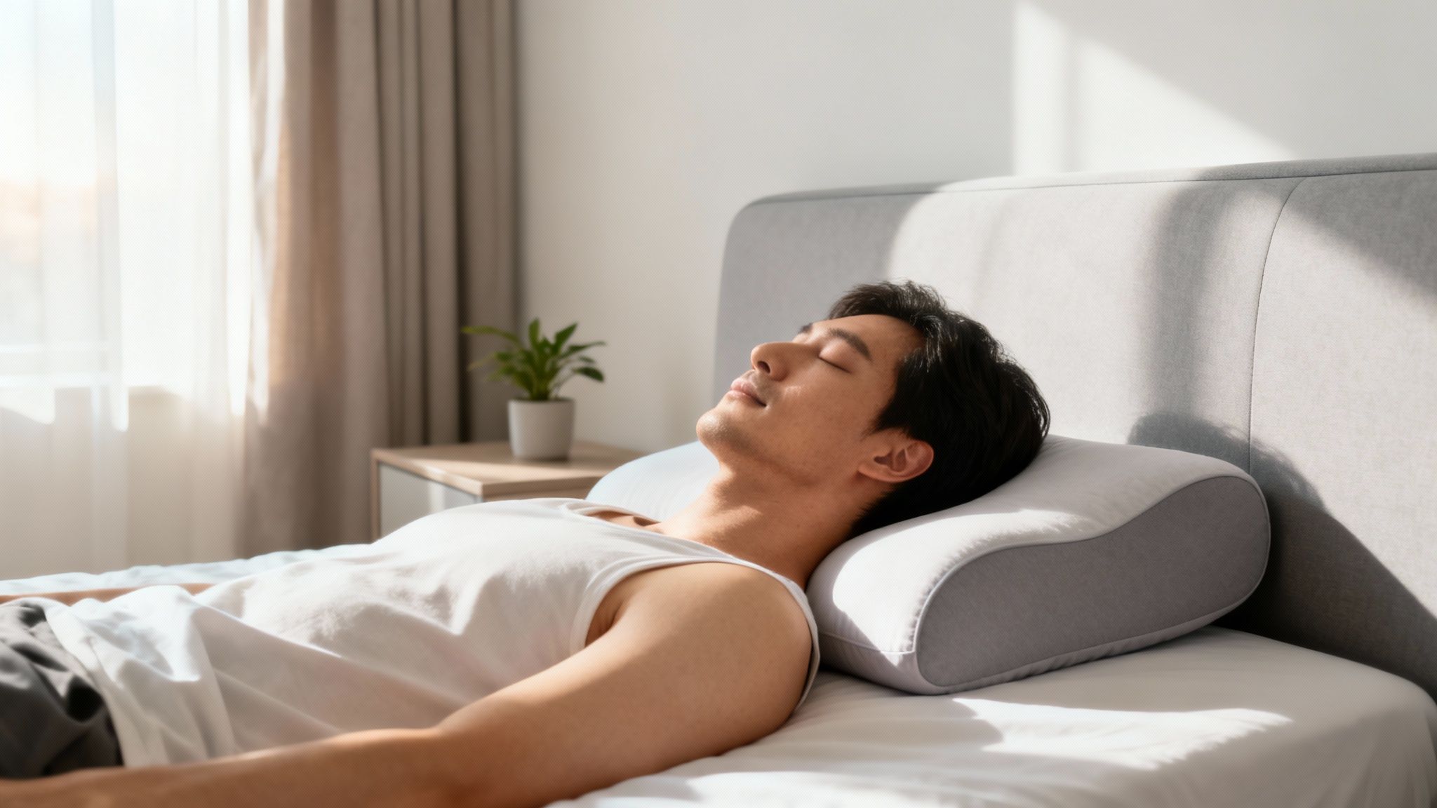 A young Asian man sleeping peacefully on in bed with an ergonomic pillow.