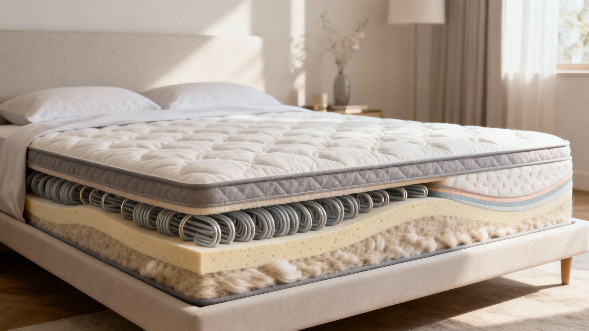 Detailed cutaway view of a mattress on a bed, revealing multiple internal layers including springs and foam.