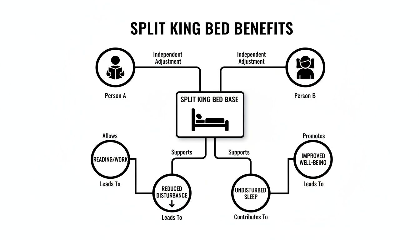 Flowchart outlining split king bed benefits: independent adjustment, reduced disturbance, improved well-being.