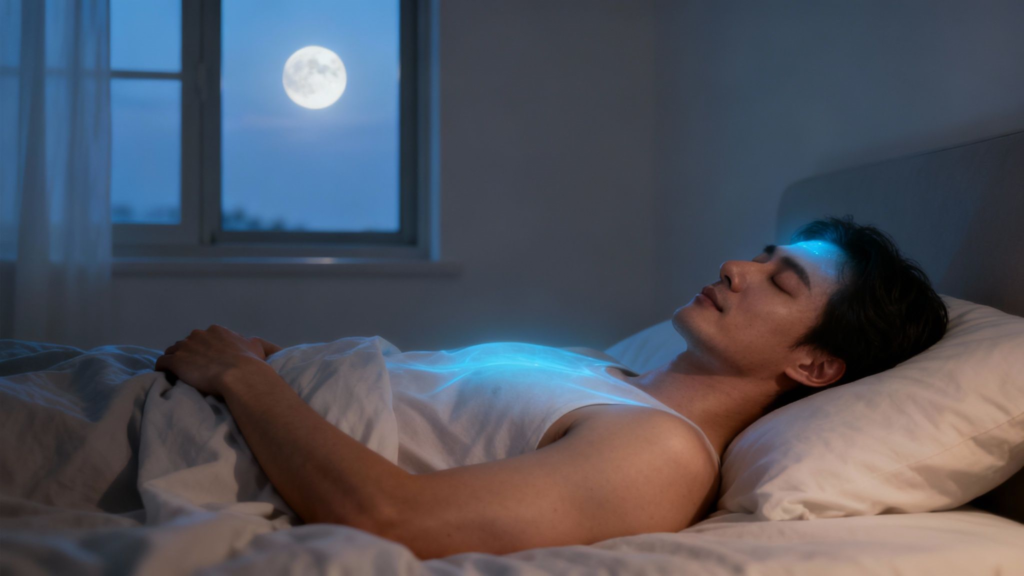 A man sleeps peacefully in bed at night with a glowing forehead, illuminated by the full moon.