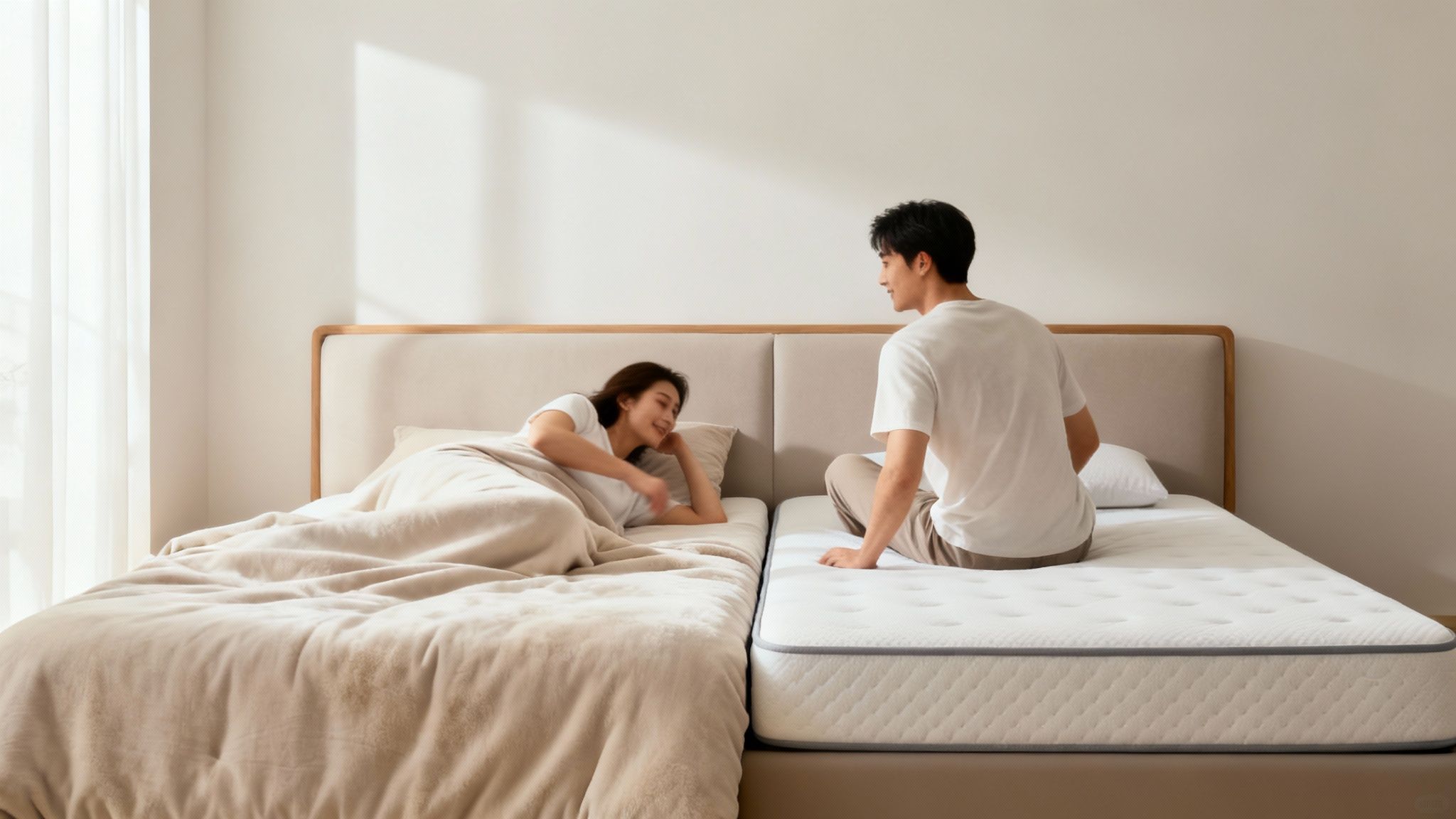 Couple relaxing on a luxurious mattress in a bright, modern bedroom.