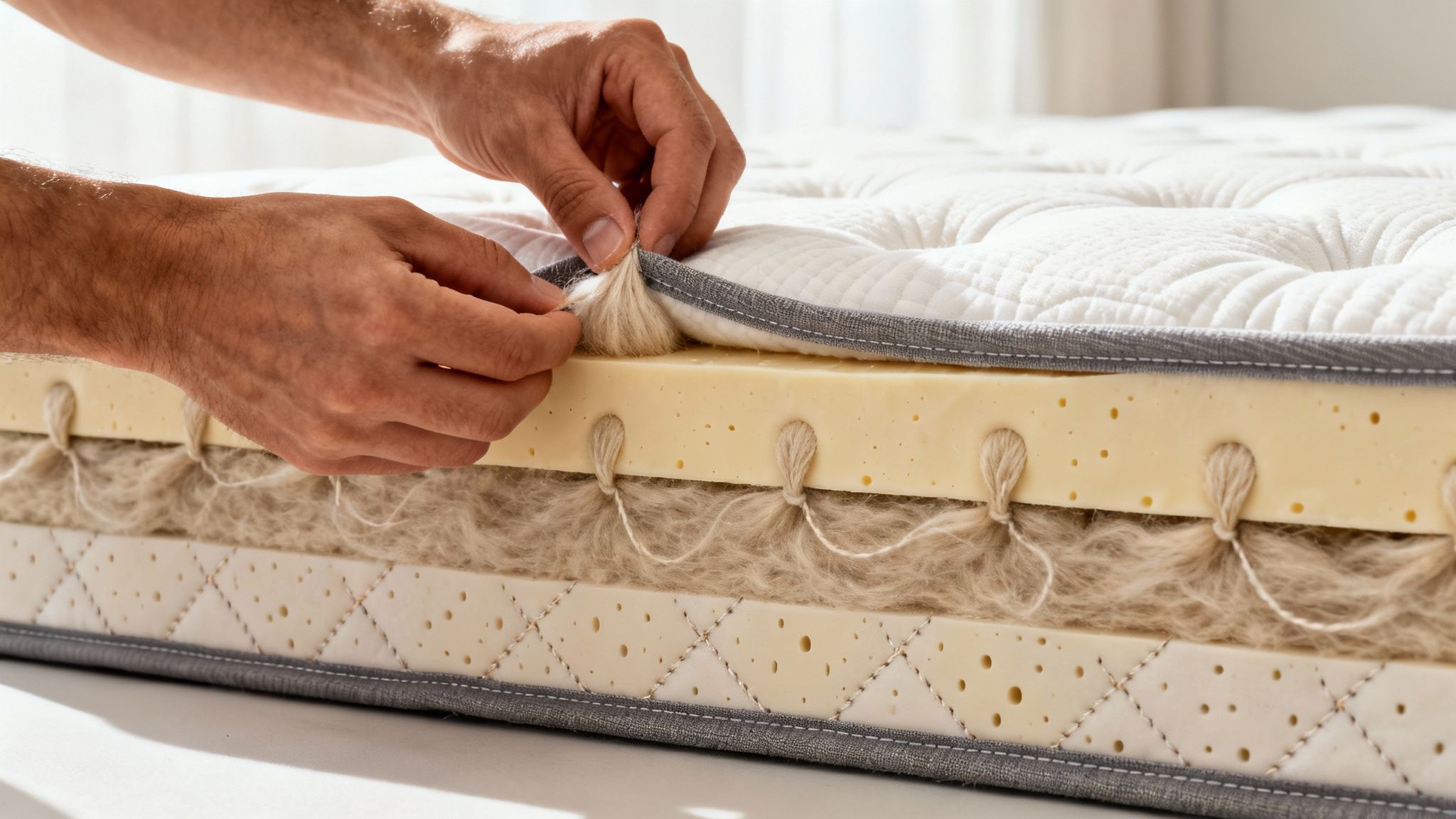Close-up of hands examining the natural layers and quality construction of a mattress.