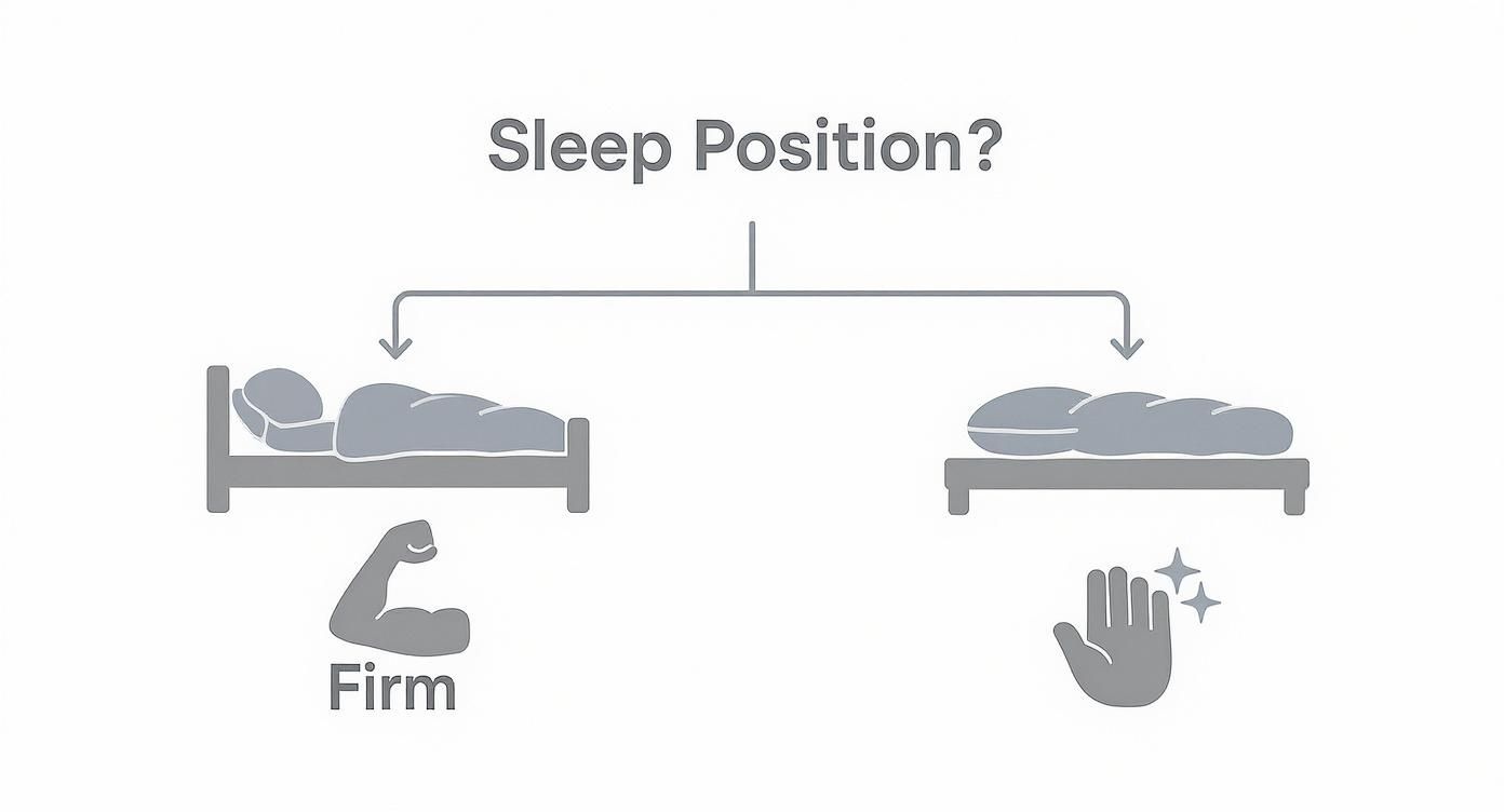 Infographic illustrating sleep position preferences: firm support for side sleepers and soft for other positions.