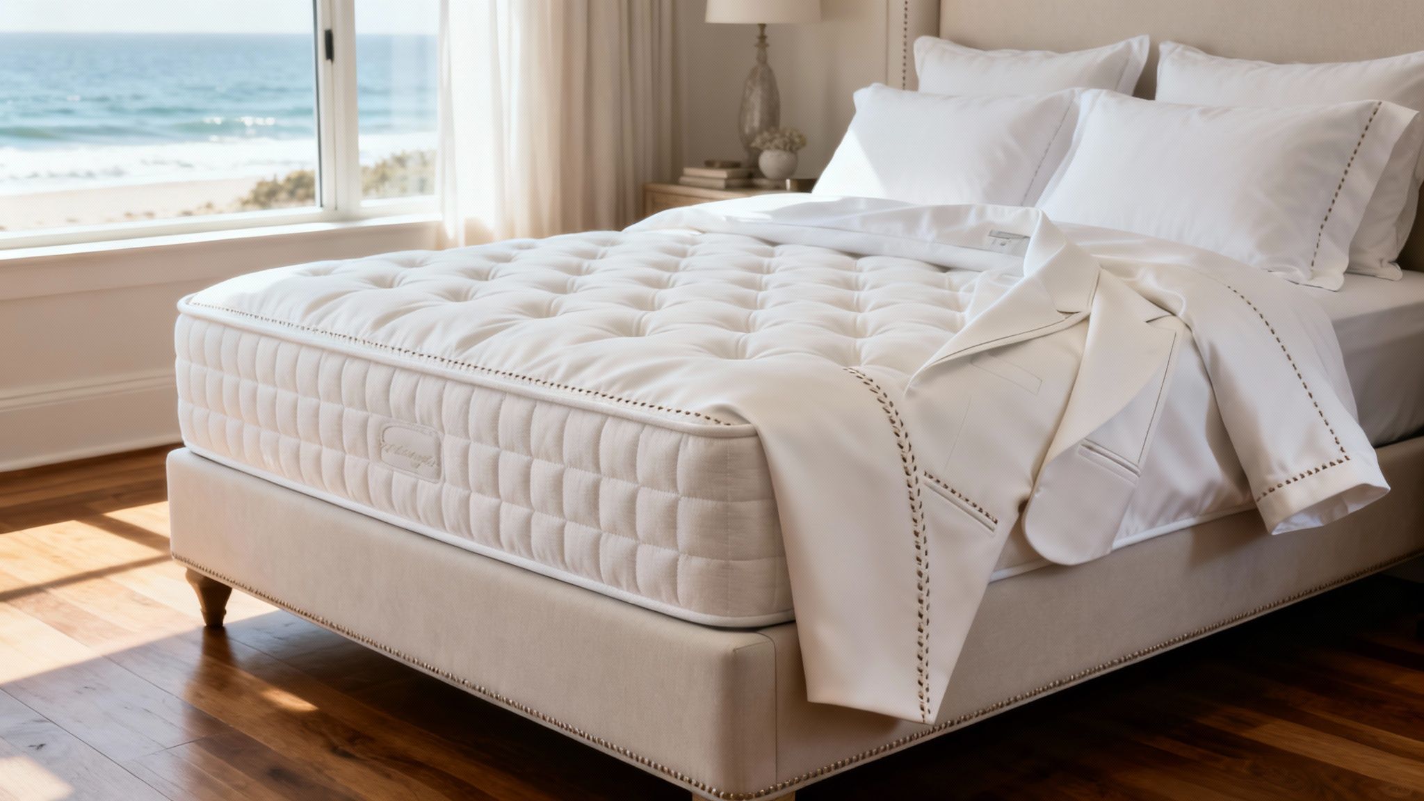 A luxurious white mattress and bed frame in a sunlit bedroom with an ocean view.