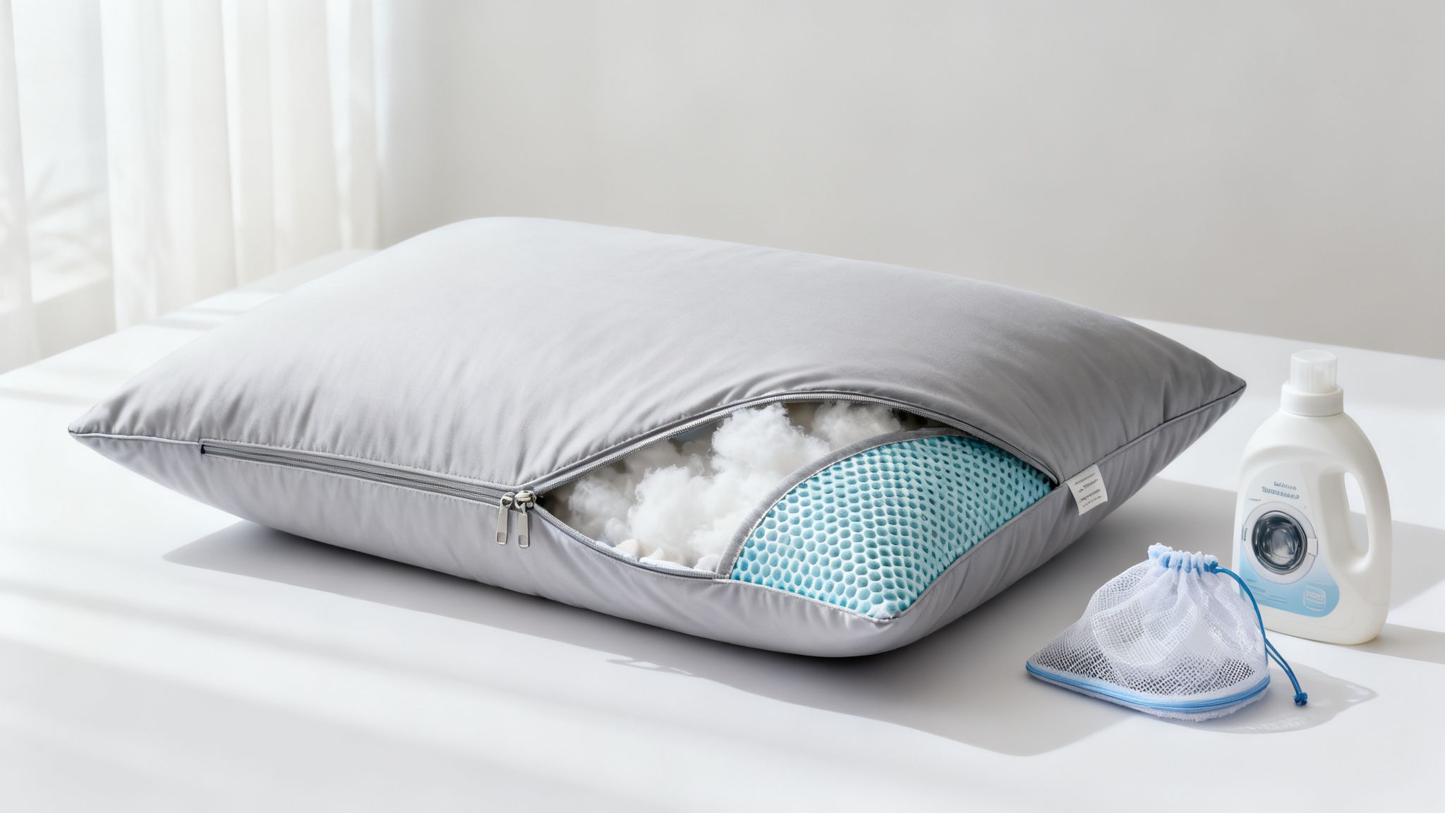 A partially unzipped gray pillow reveals soft white filling and a blue cooling layer, with laundry detergent and a mesh bag nearby.