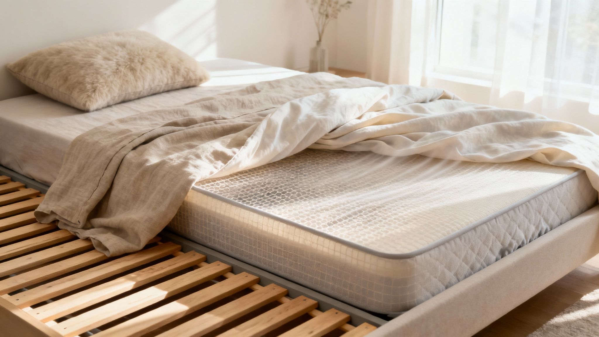 Person sleeping comfortably on a luxury mattress with breathable, natural bedding.