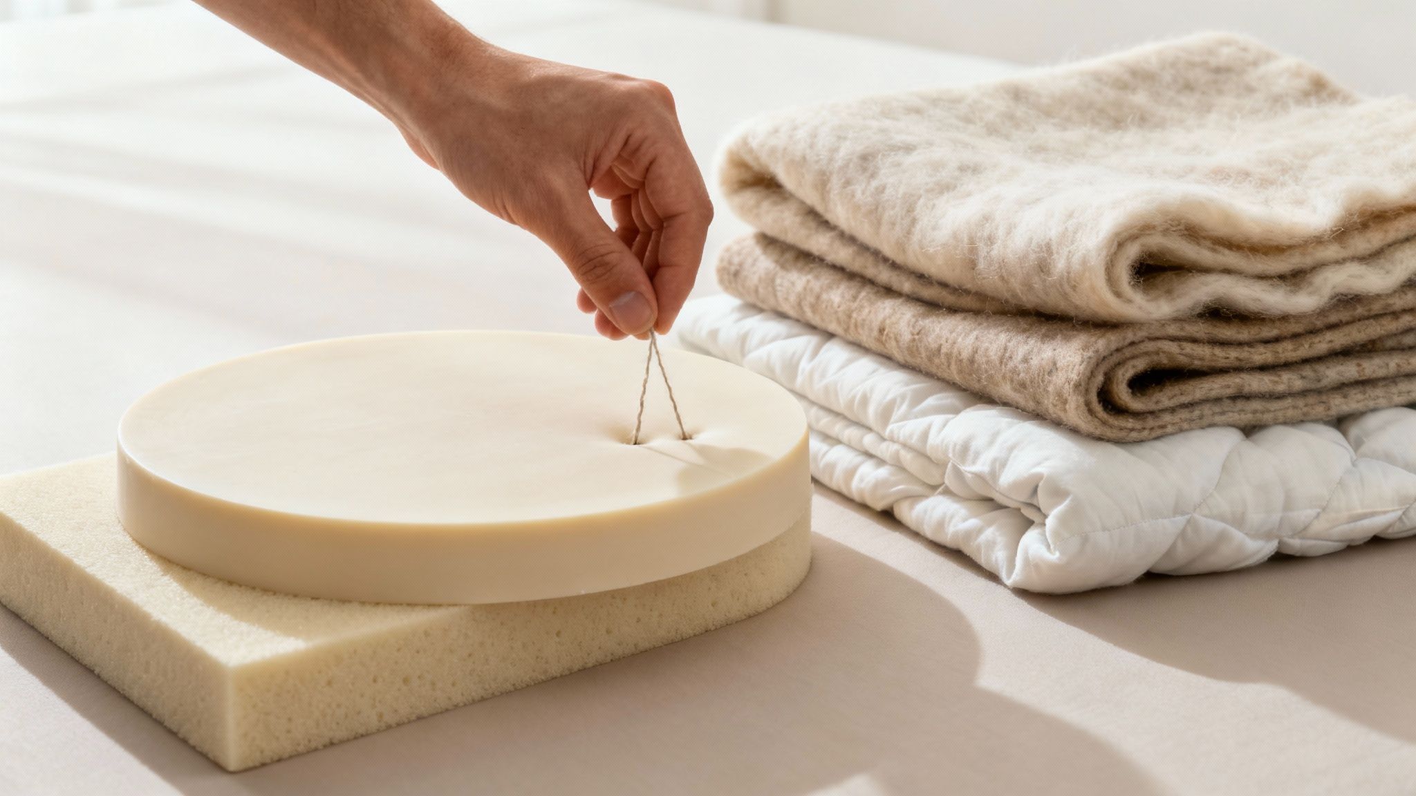 Close-up shot of hand-tufting on a luxury mattress, showcasing natural fibers.