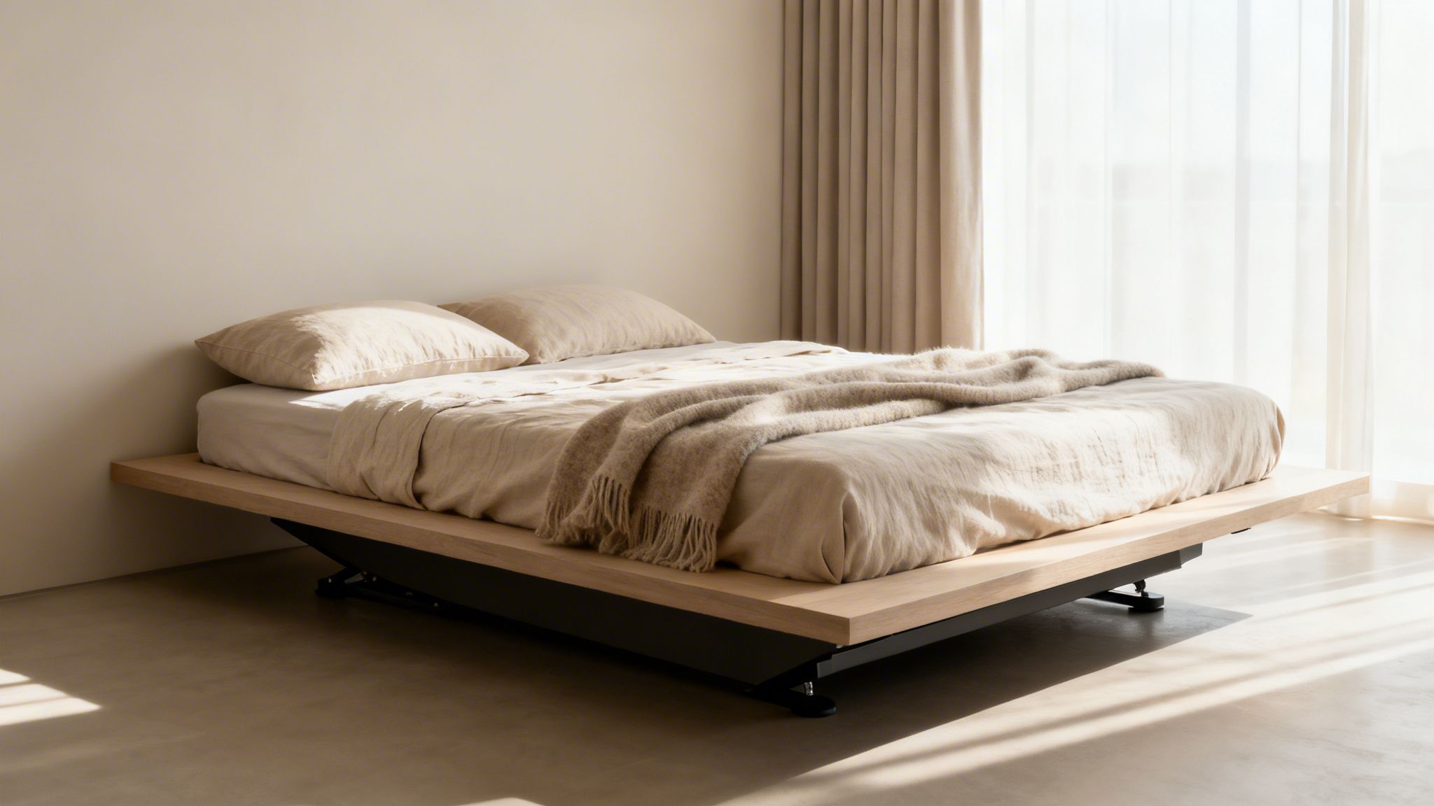 A modern, minimalist bedroom with a bed featuring light linen bedding and a warm throw blanket.