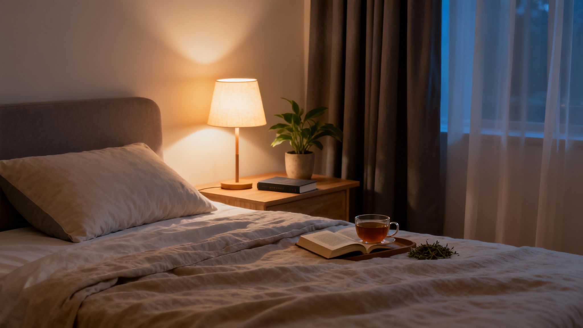 Nighttime bedroom scene with a reading lamp, open book, and tea on a comfortable bed.