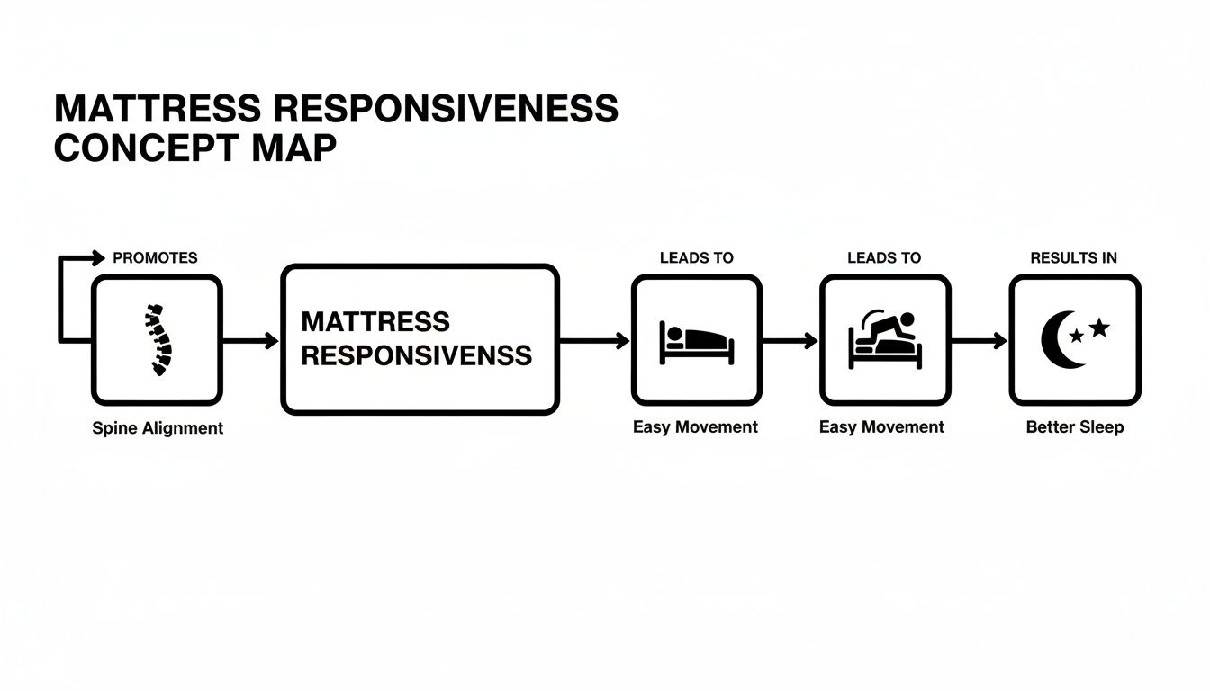 A concept map showing how mattress responsiveness promotes spine alignment, easy movement, and better sleep.