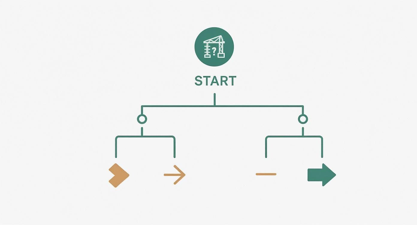 A flowchart diagram with a 'START' node, branching into multiple paths represented by colored arrows and lines.
