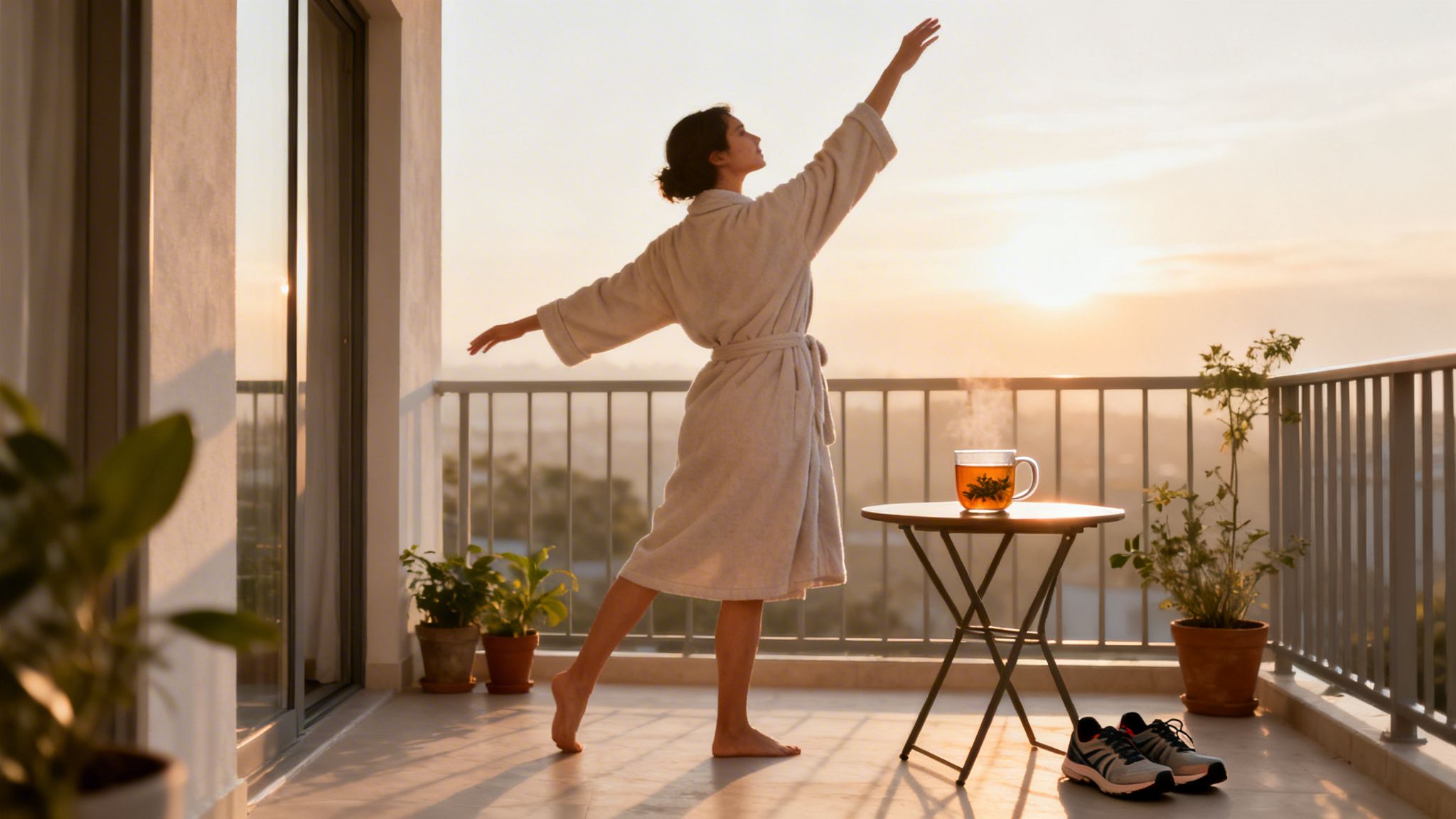 A woman in a bathrobe stretching on a sunny balcony with a steaming cup of tea.