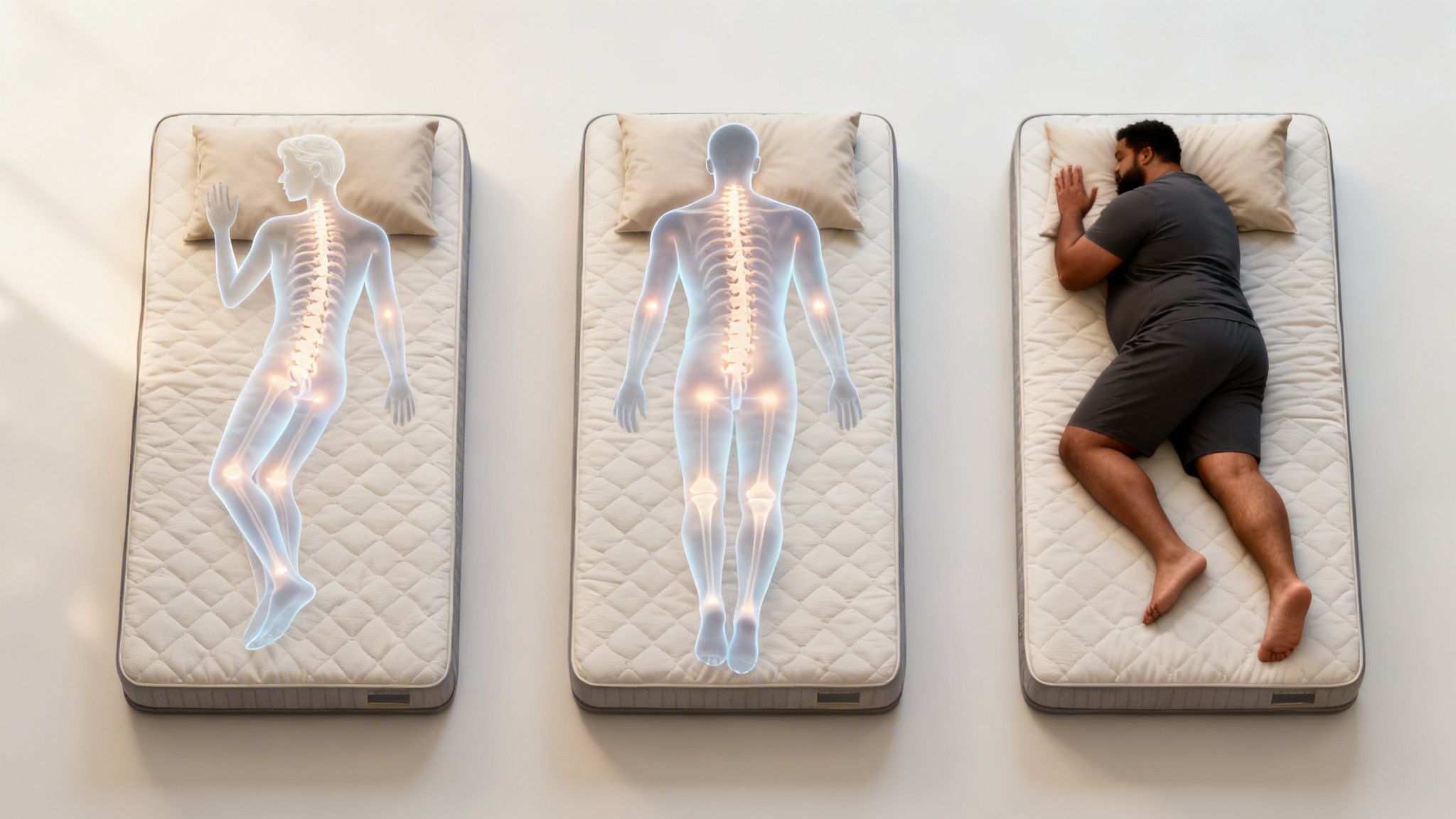 Three mattresses demonstrating optimal back and side sleeping positions with glowing spinal alignment.