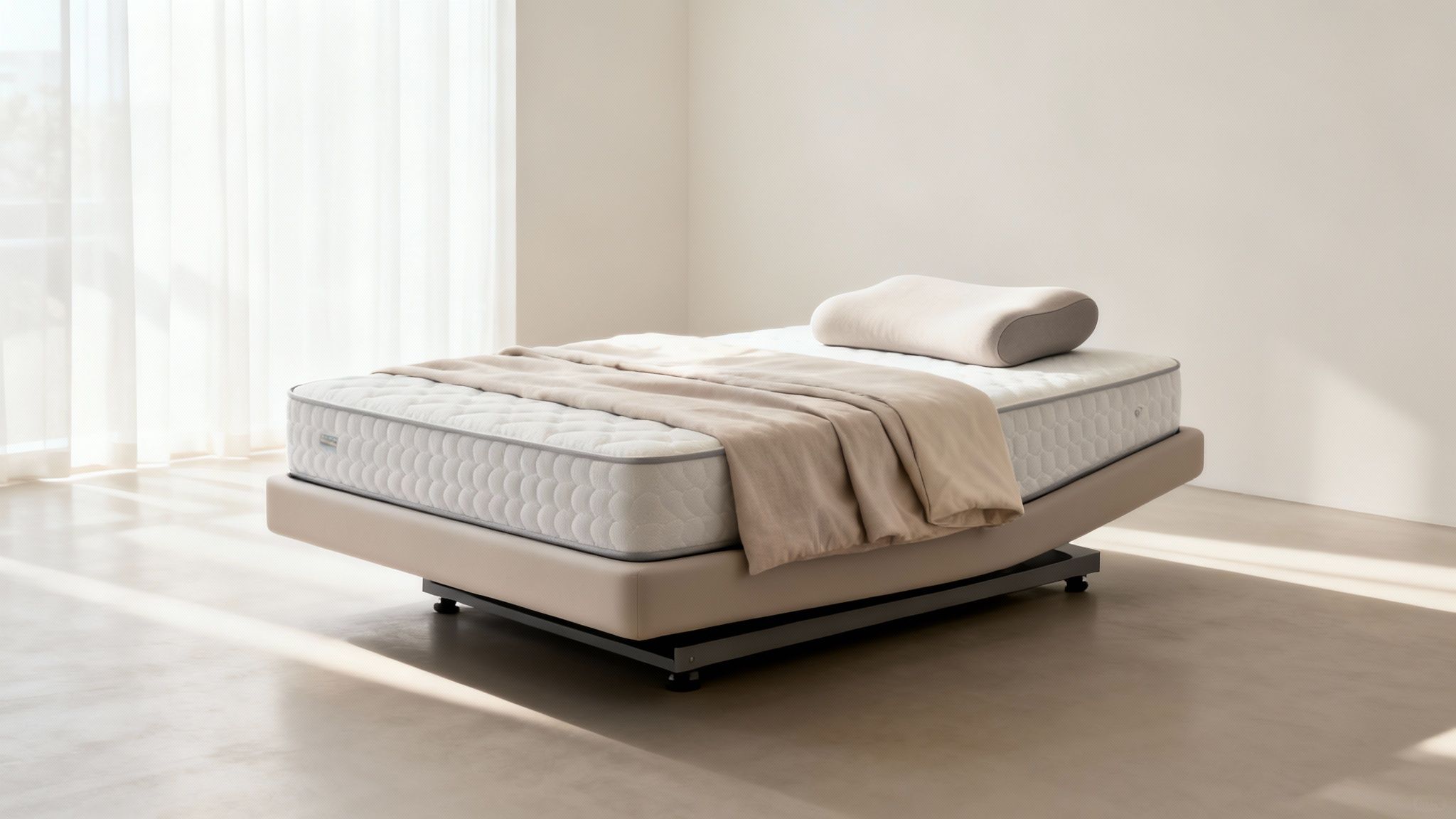 An adjustable bed with a white cooling mattress, beige blanket, and ergonomic pillow in a bright room.