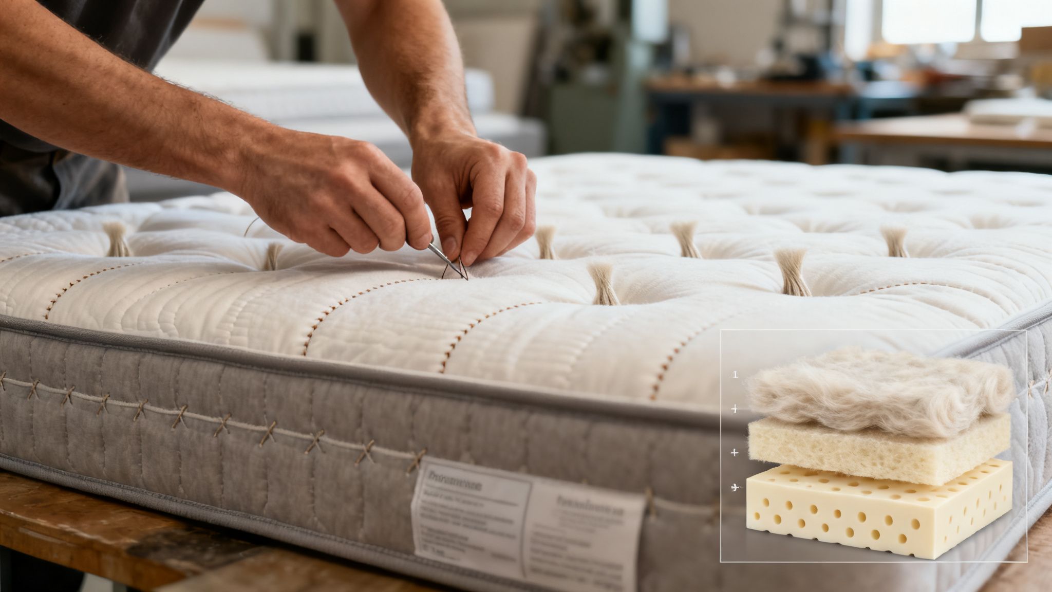 A craftsman hand-tufting a natural mattress, with an exploded view of its wool, foam, and latex layers.