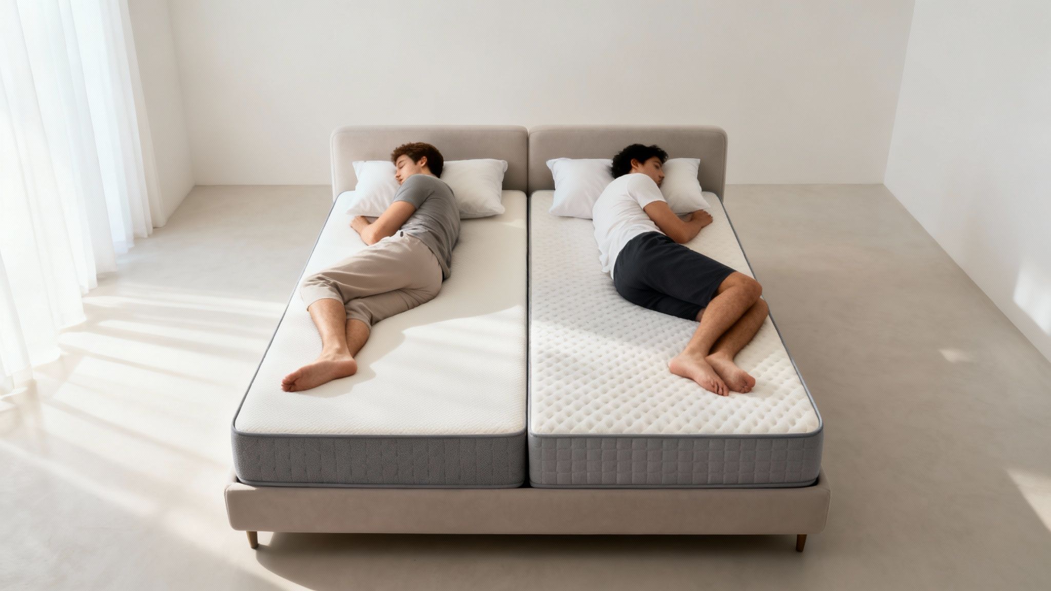 Two men sleep soundly on individual twin mattresses pushed together on a shared bed frame.