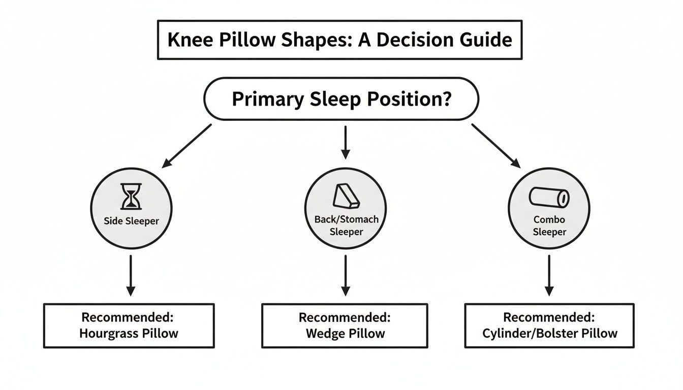 A decision guide flowchart showing recommended knee pillow shapes based on primary sleep position.