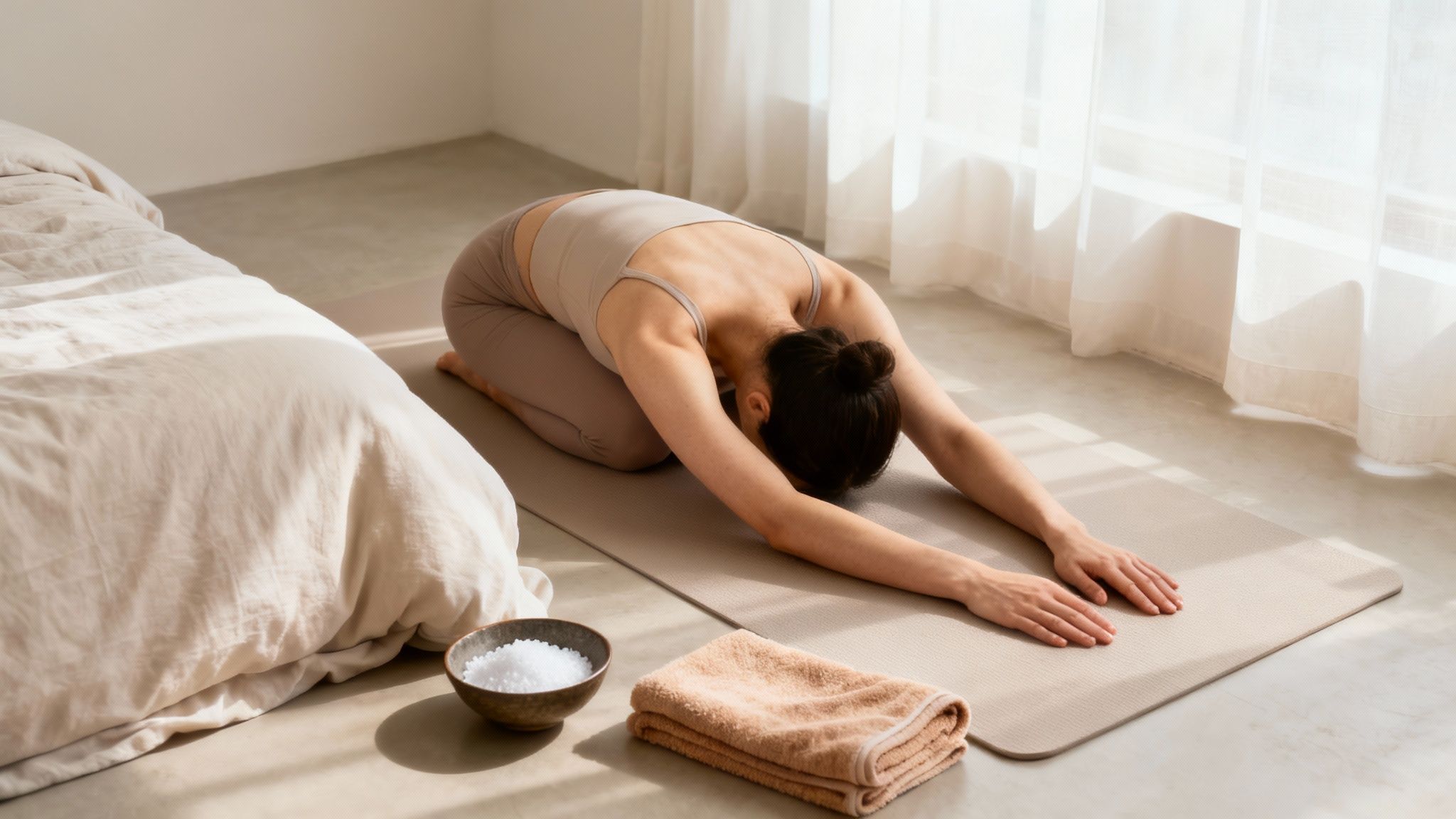 Woman in child's pose on a yoga mat in a serene bedroom with natural light.