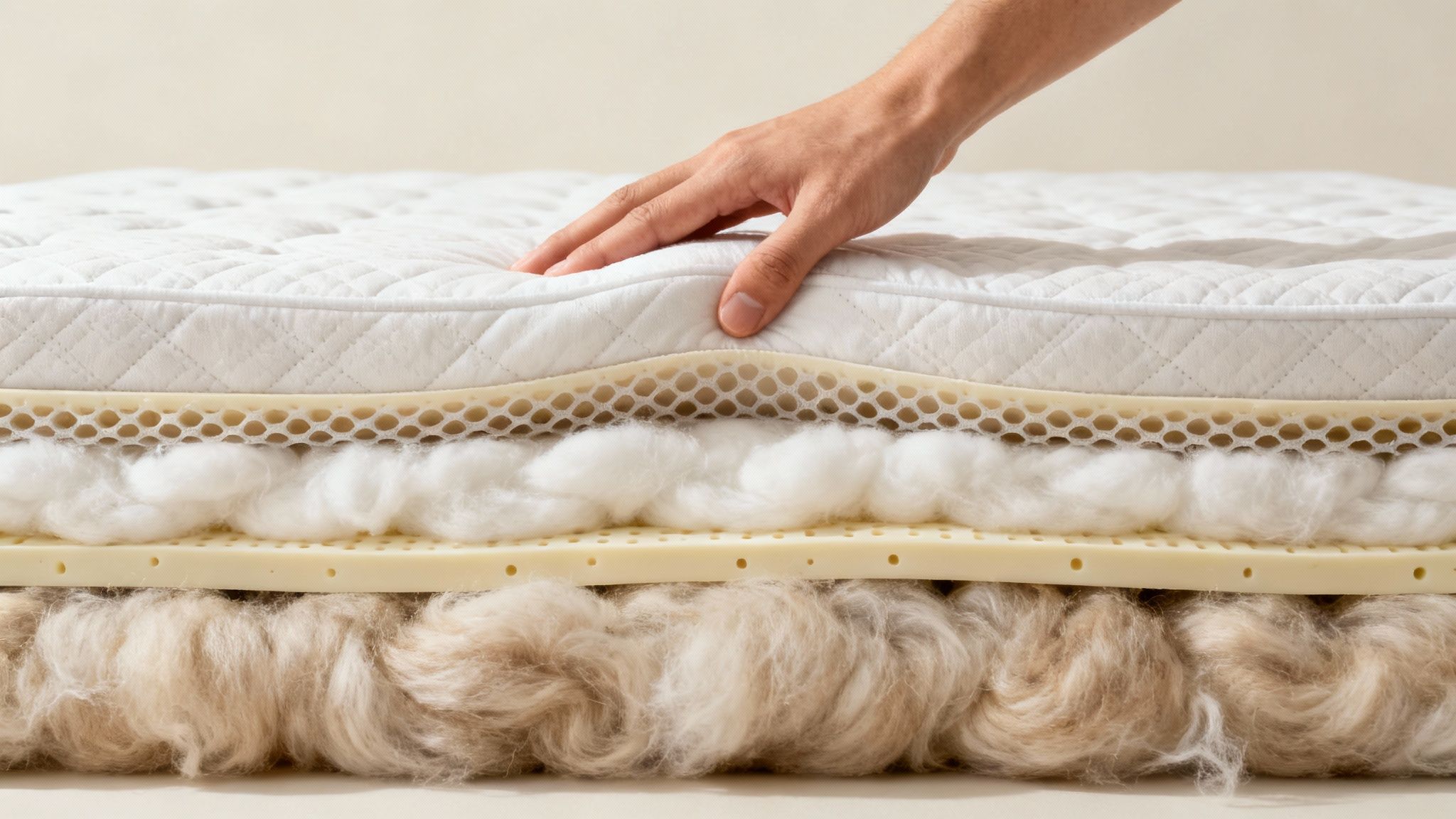 A person's hand pressing on a mattress, revealing its various natural layers including wool and latex.