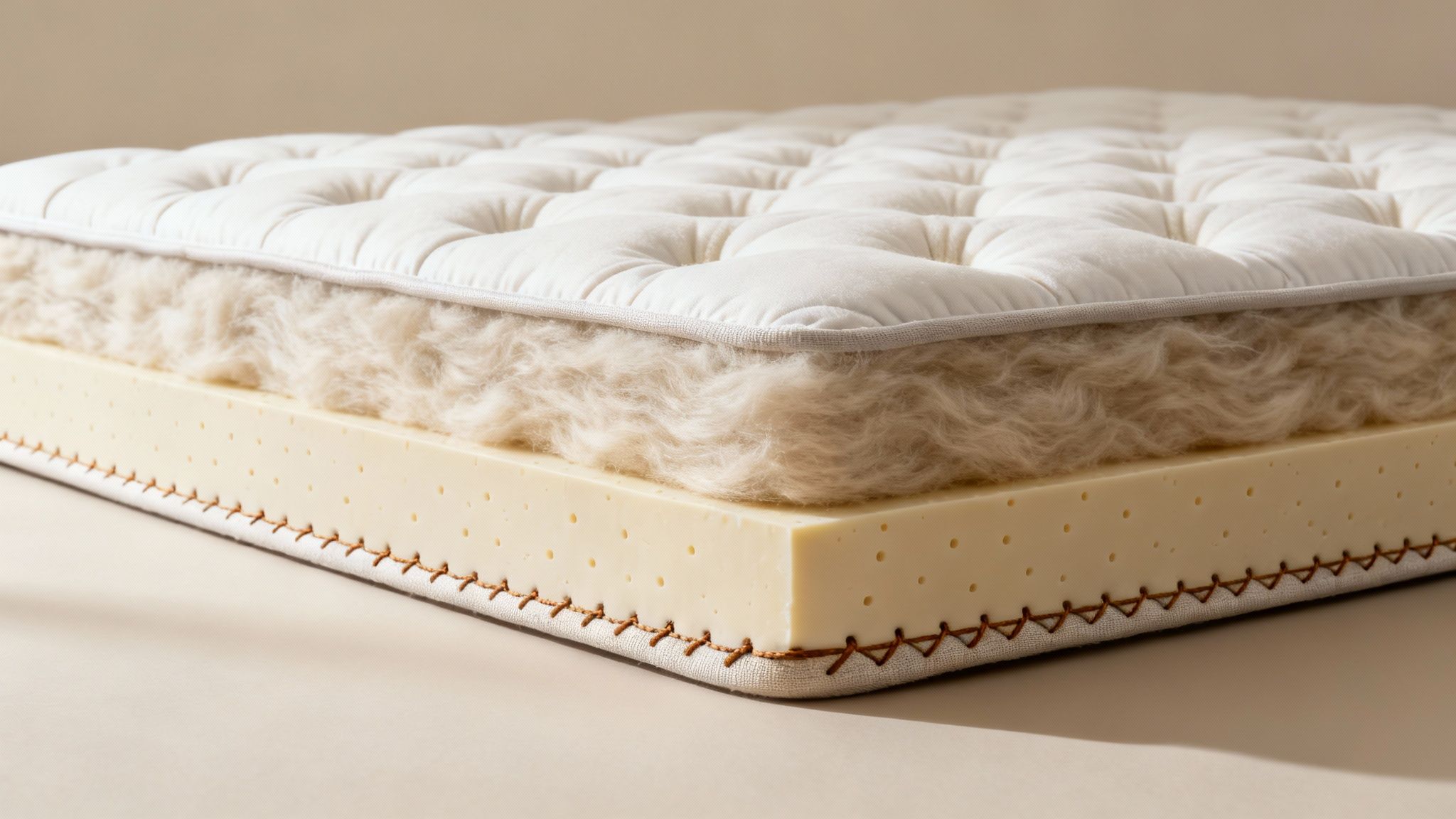 Detailed view of an organic mattress cutaway revealing natural wool, latex core, and quilted top.