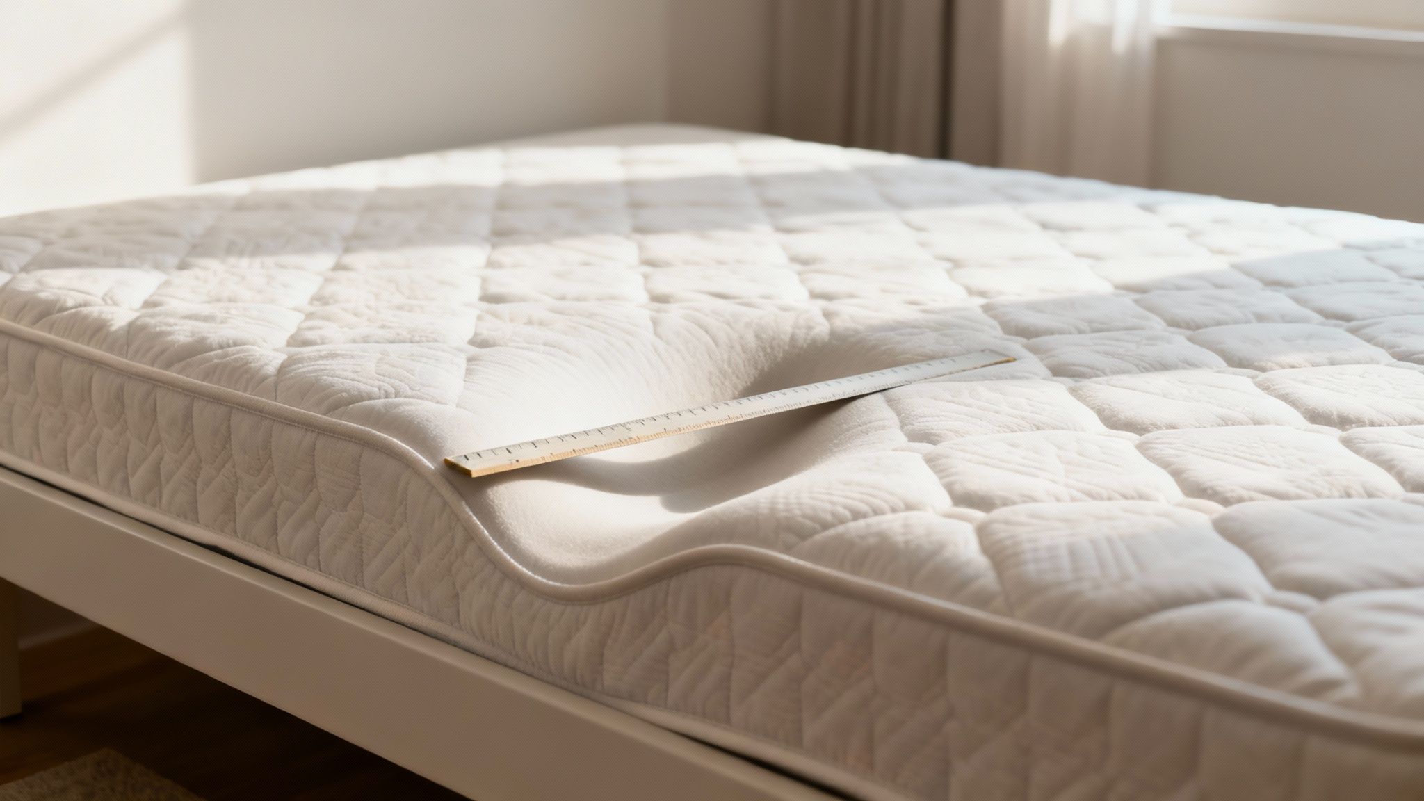 A white quilted mattress on a bed frame with a prominent sag, highlighted by a ruler.