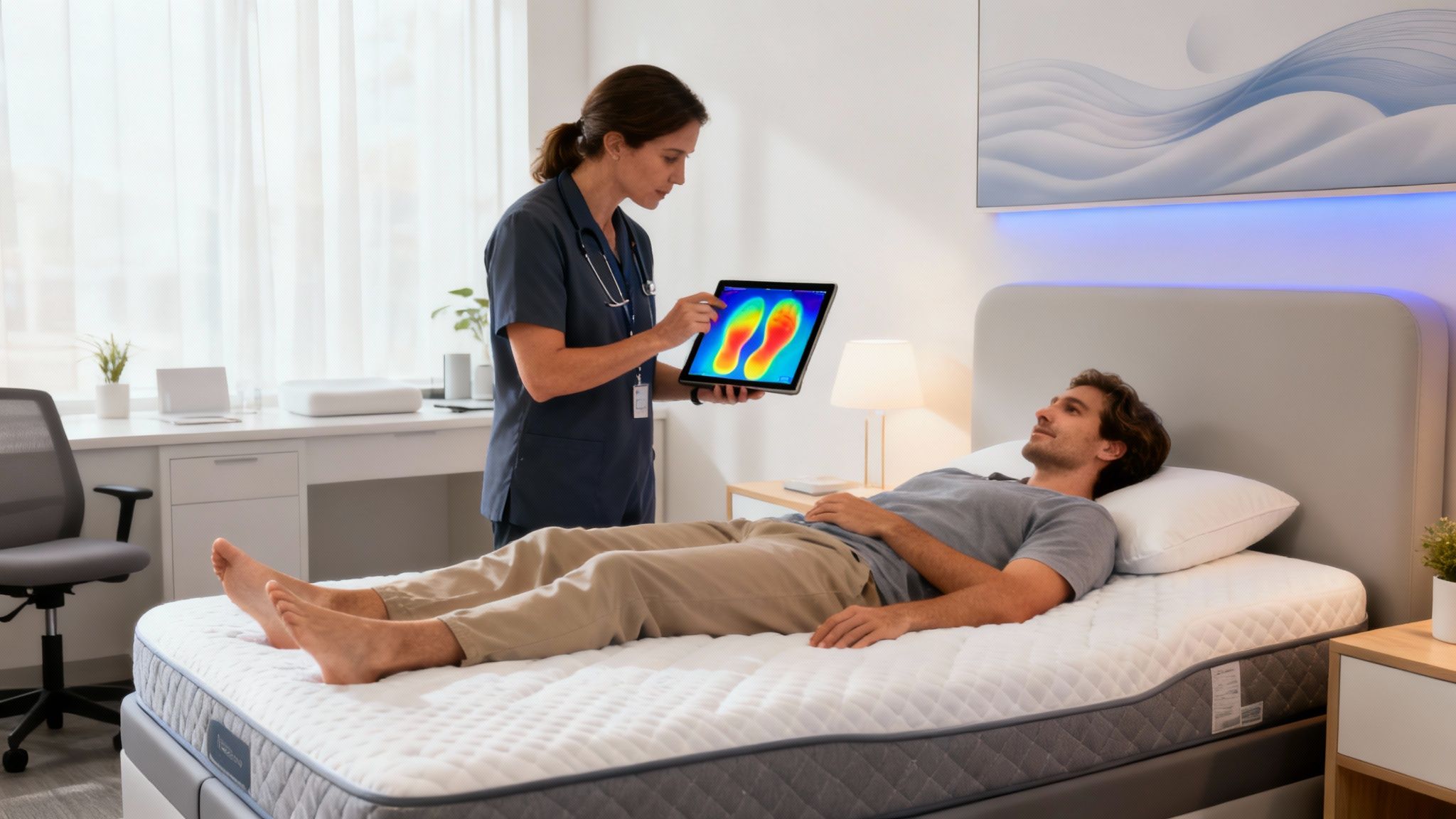 A healthcare professional showing a patient a tablet with thermal images of feet on a comfortable mattress.