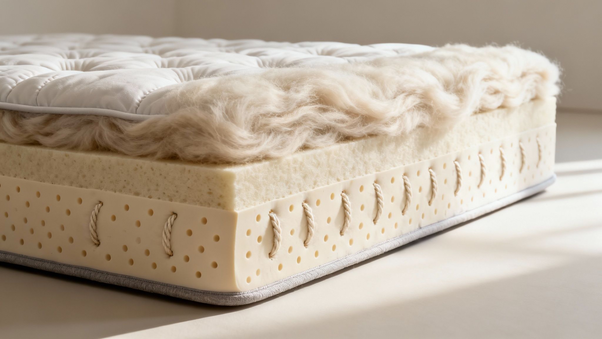Close-up of a mattress cross-section revealing natural wool, foam layers, and a perforated base with ties.