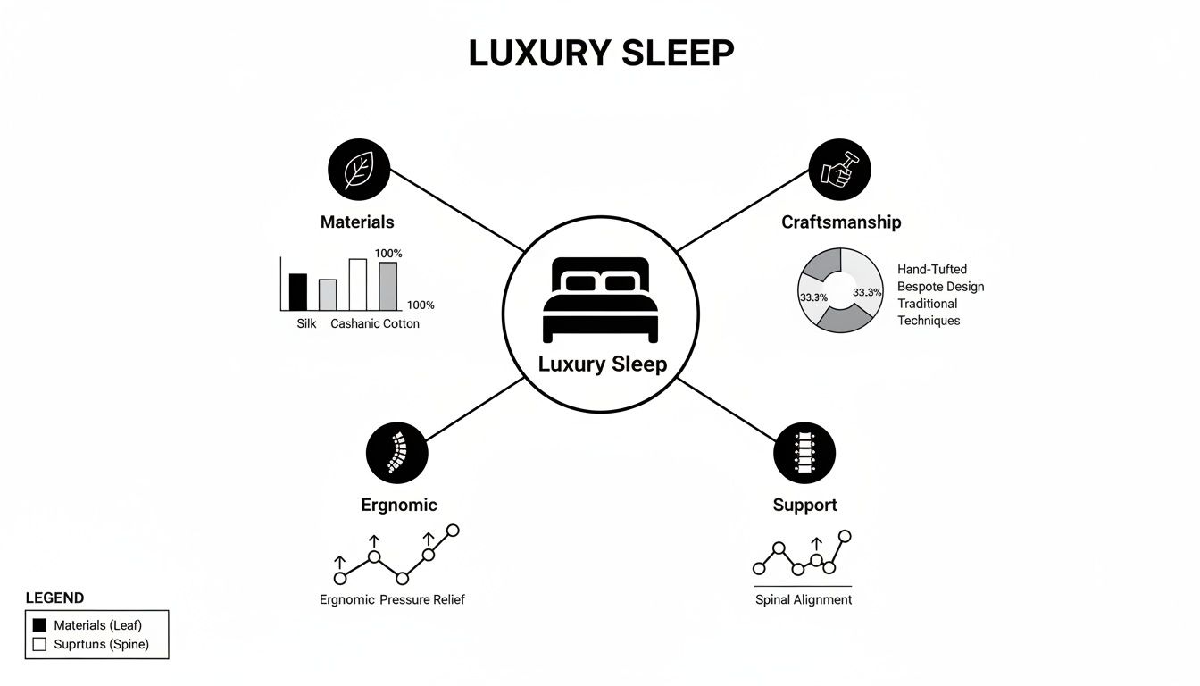 Diagram outlining luxury sleep features: materials, craftsmanship, ergonomic pressure relief, and spinal support.