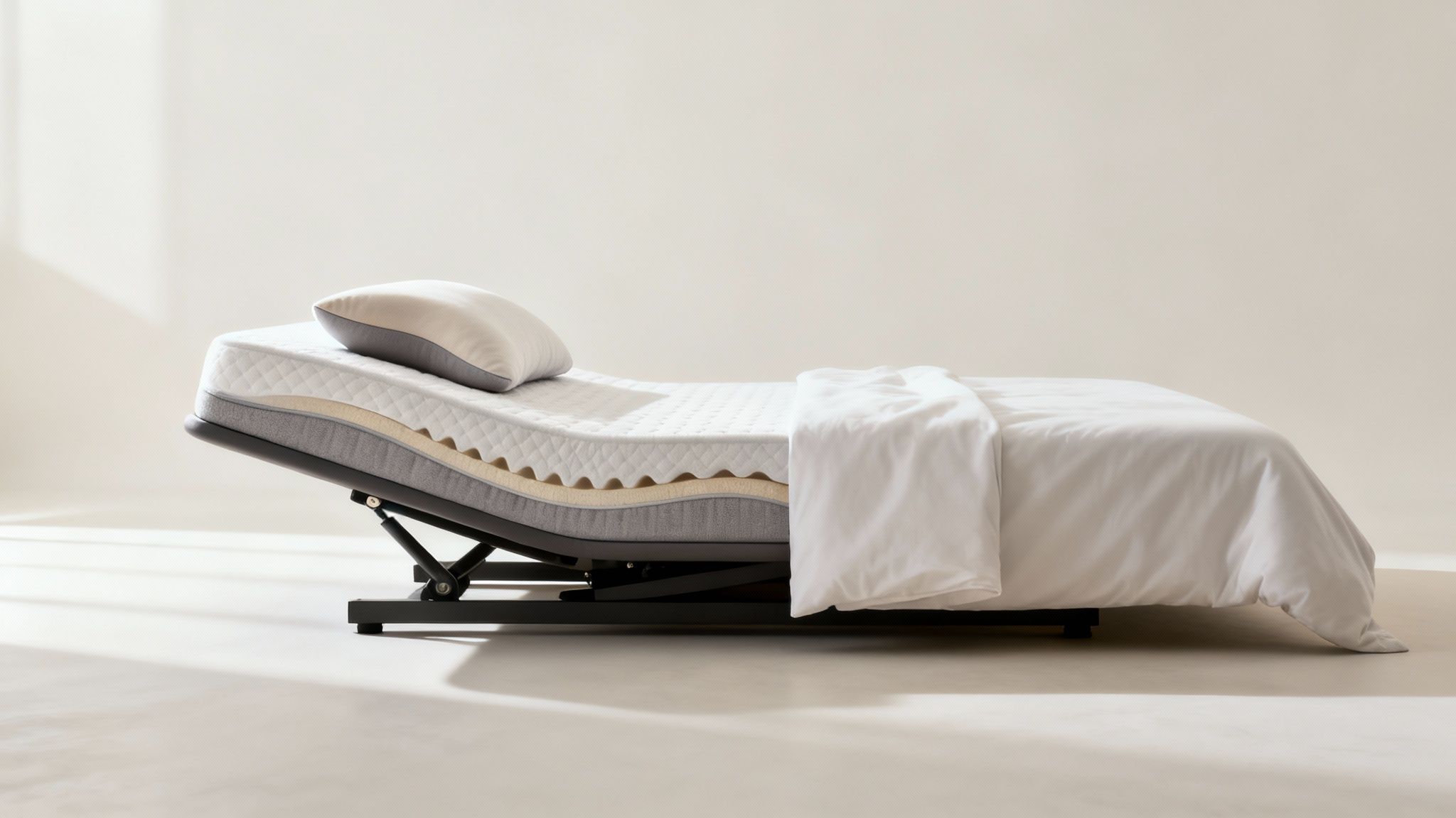 Modern adjustable bed with visible mattress layers, a pillow, and white duvet for comfort.