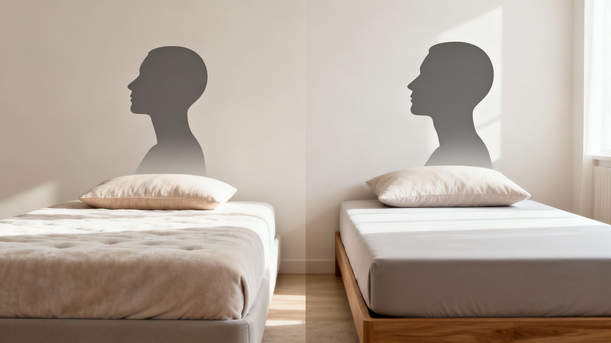 Two comfortable twin beds with pillows and silhouettes of heads above them, suggesting separate sleep.