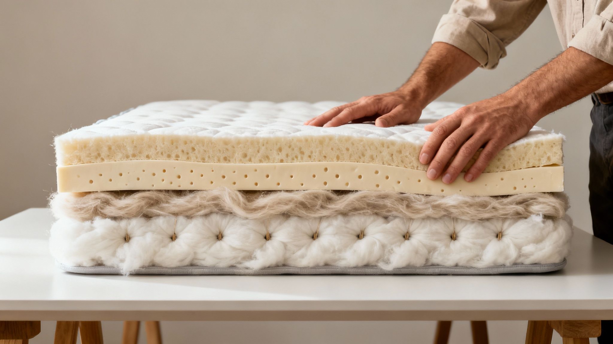 Hands exploring the natural and foam layers of a custom-made mattress cross-section.