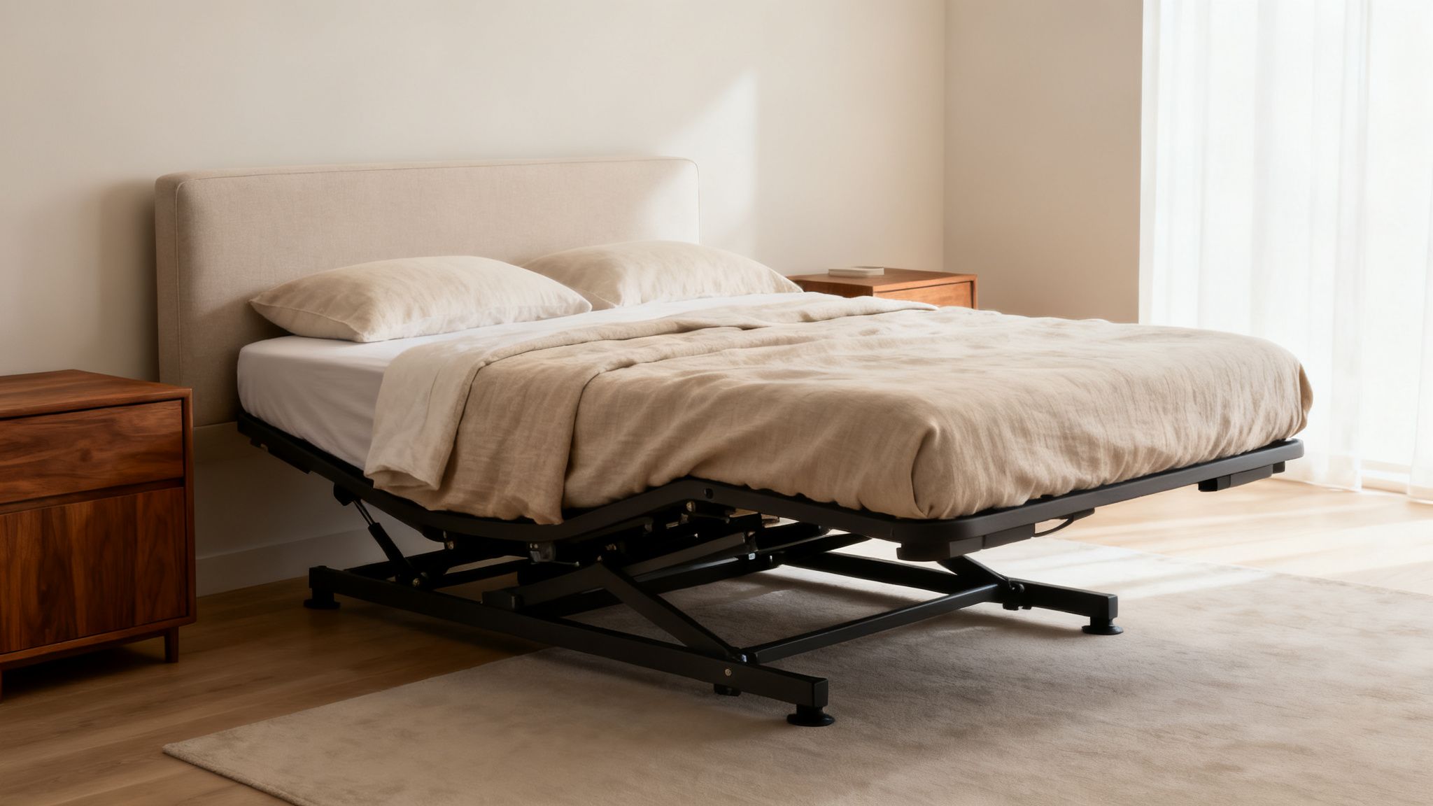 A sunlit bedroom features an adjustable bed with beige bedding, an upholstered headboard, and wooden nightstands.