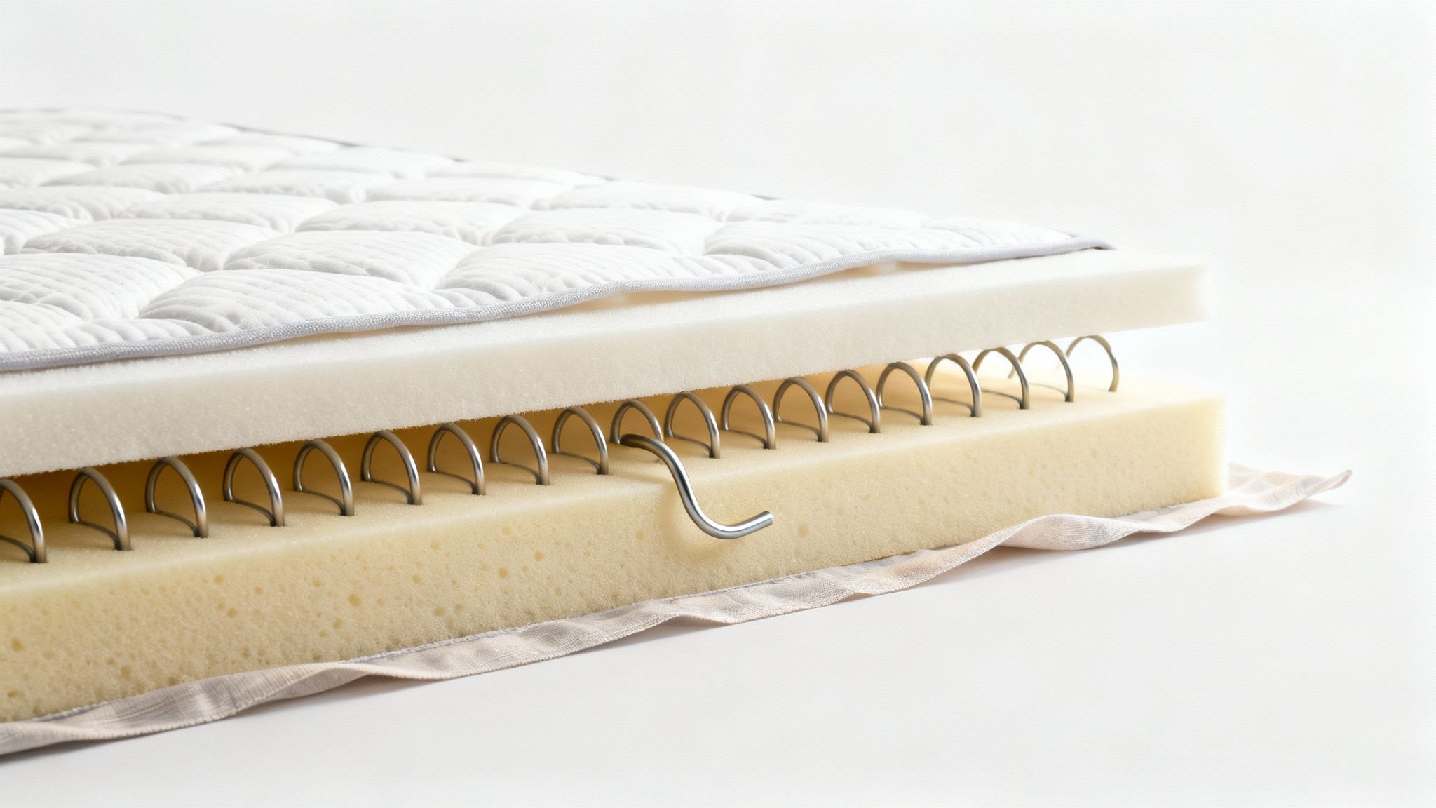Cross-section of a mattress revealing quilted white fabric, foam layers, and internal metal springs.