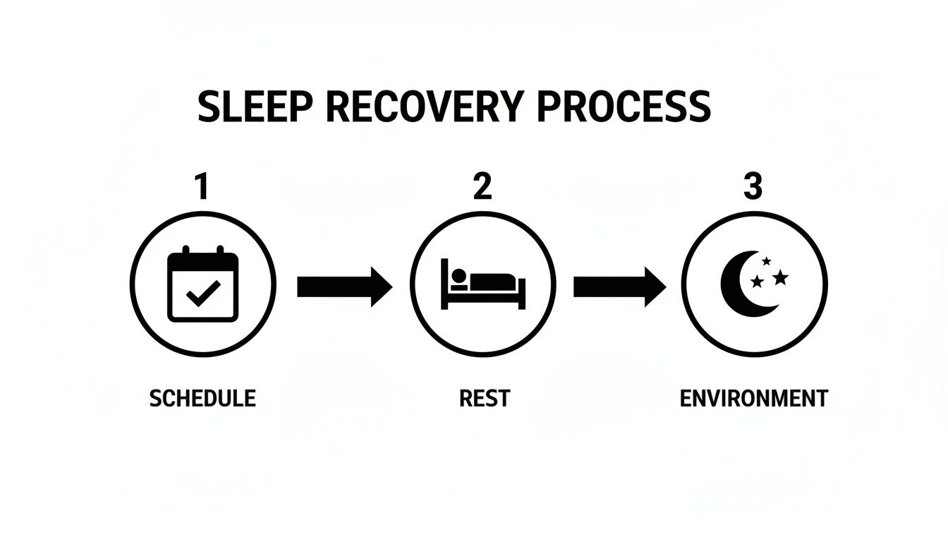 Infographic illustrating the sleep recovery process with three key steps: schedule, rest, and environment.