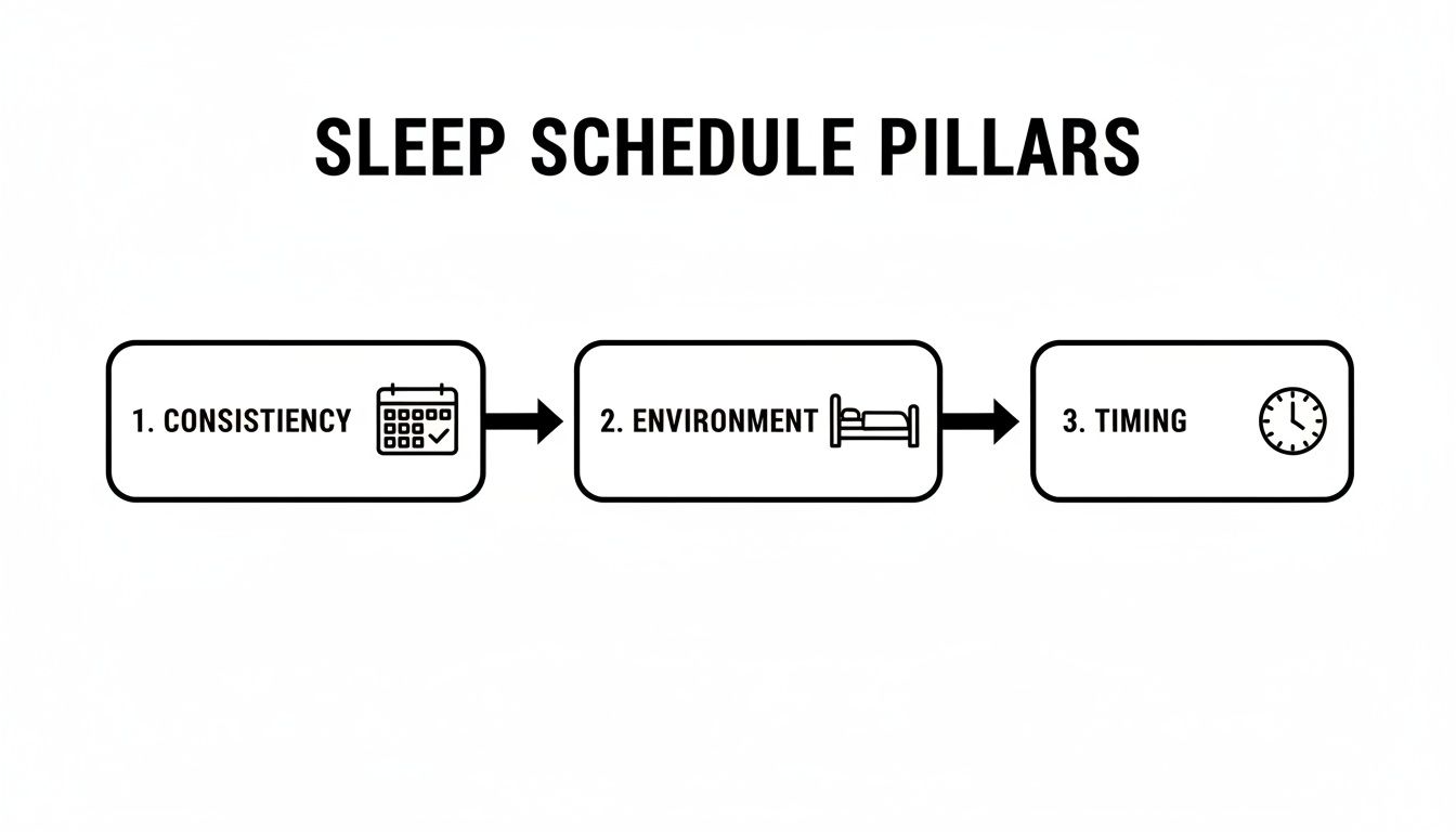 An infographic illustrating the three sleep schedule pillars: consistency, environment, and timing, with corresponding icons.