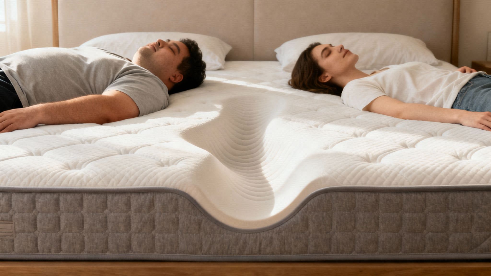 A couple sleeps soundly on a mattress showing different support zones for varying body weights.