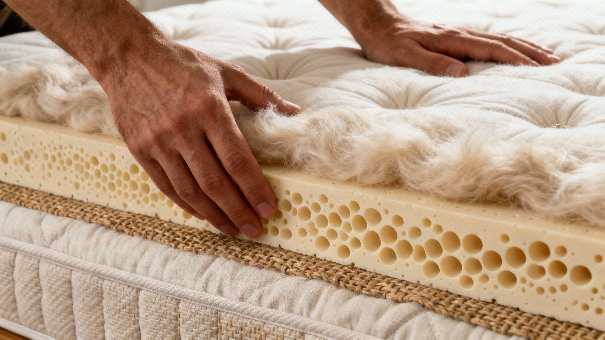 Hands adjust an organic mattress, revealing layers of fluffy wool, perforated latex, and quilted fabric.