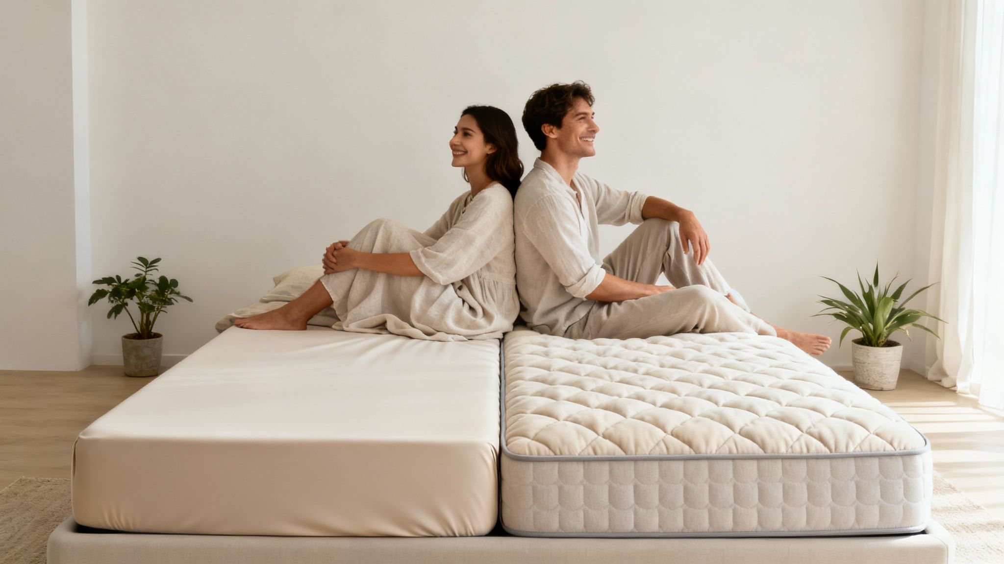 A smiling couple resting comfortably in bed on a luxury mattress.