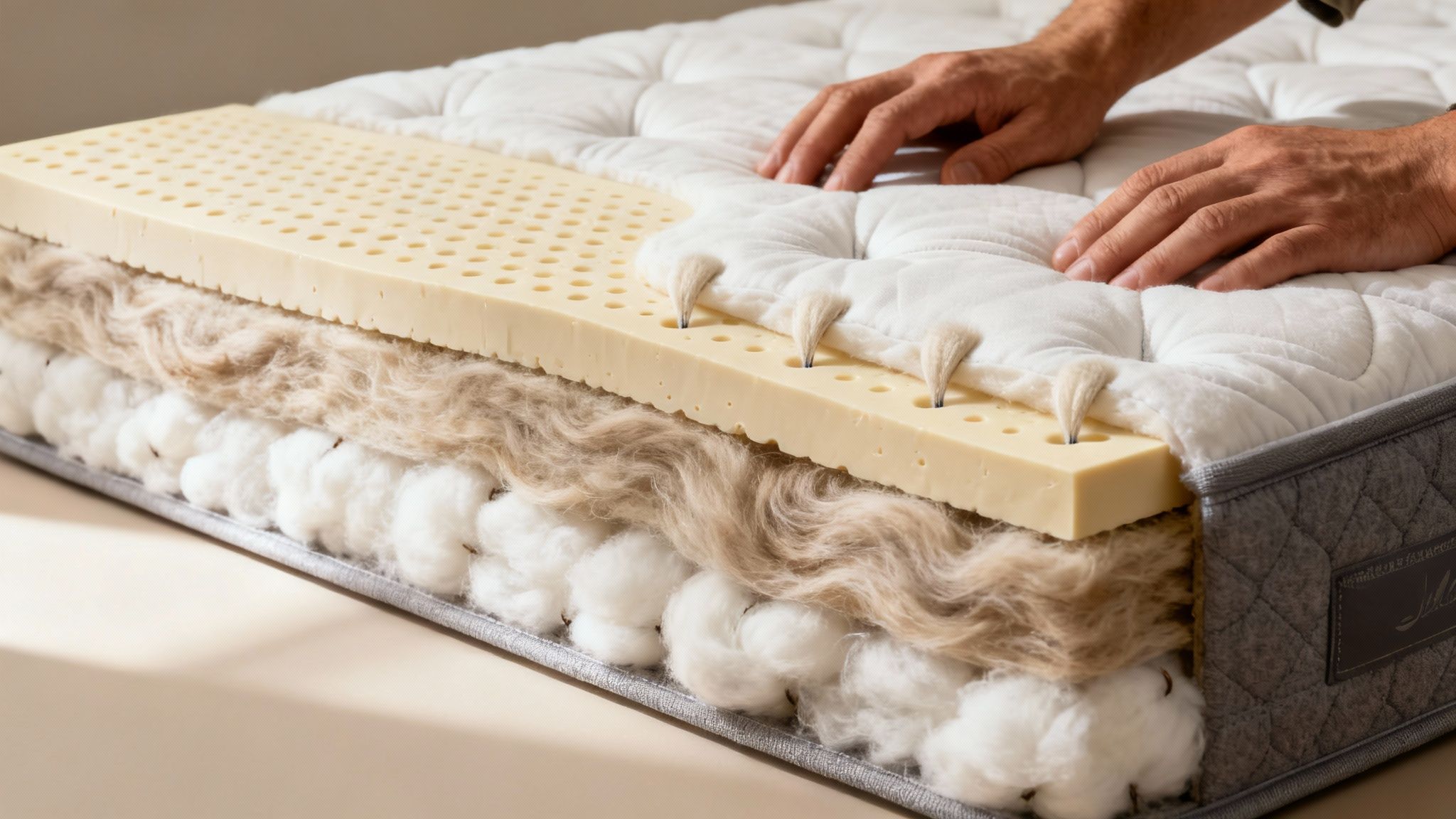 Hands gently pressing a cutaway mattress, revealing natural layers of latex, wool, and cotton.