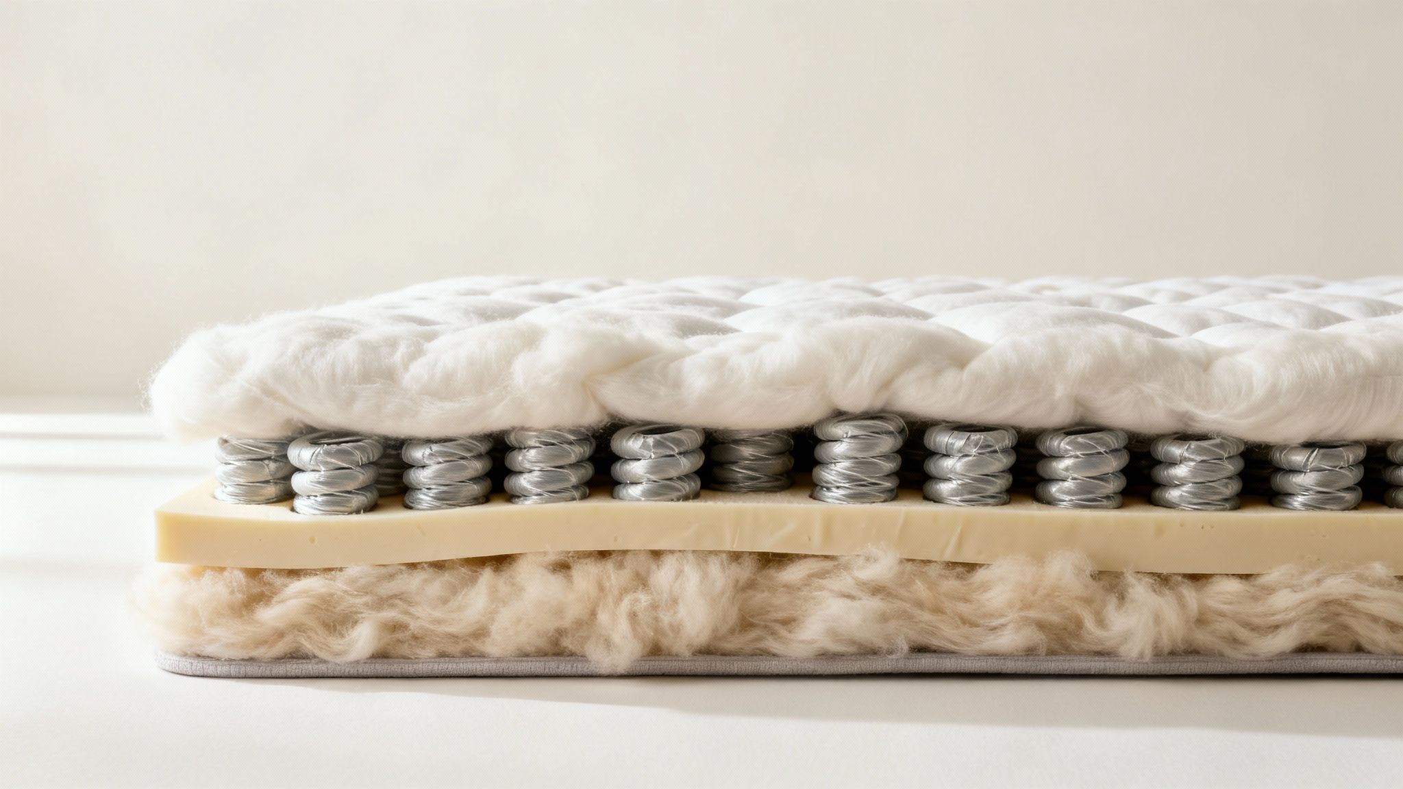 Close-up cutaway view of a mattress revealing internal layers: fluffy top, pocket springs, foam, and wool.