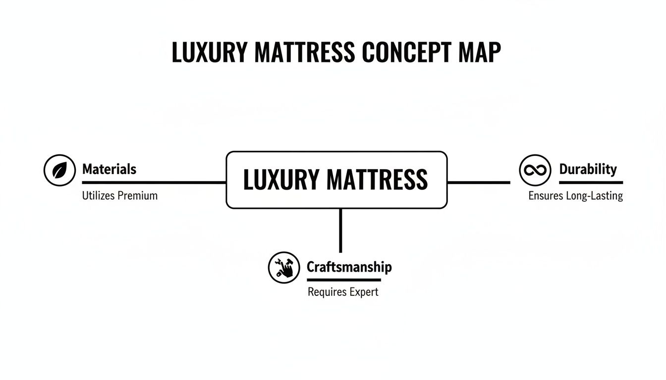 Concept map detailing luxury mattress attributes: premium materials, long-lasting durability, and expert craftsmanship.