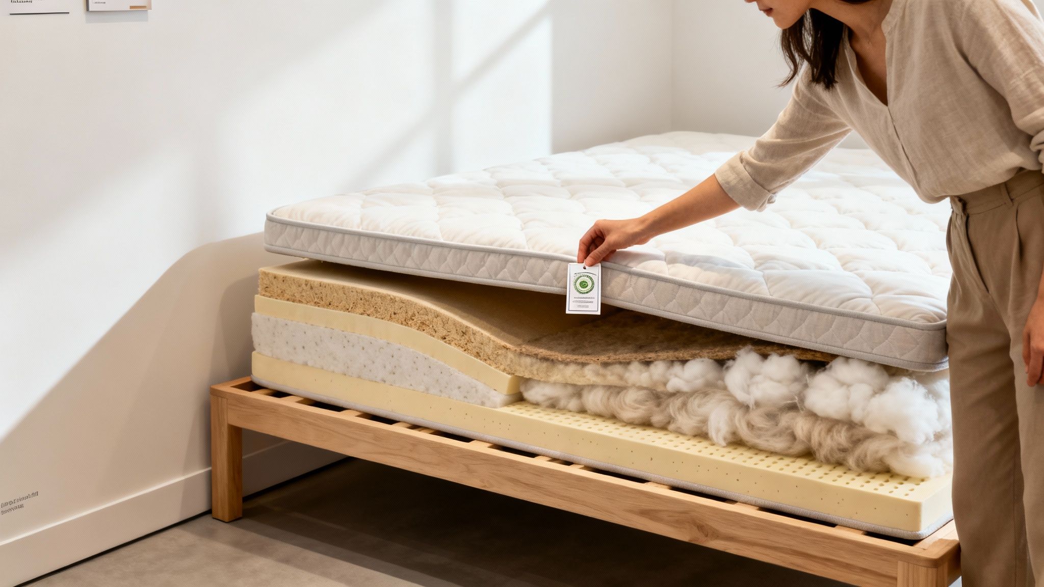 Detailed cross-section of an organic mattress showcasing its natural materials, with a hand holding a tag.