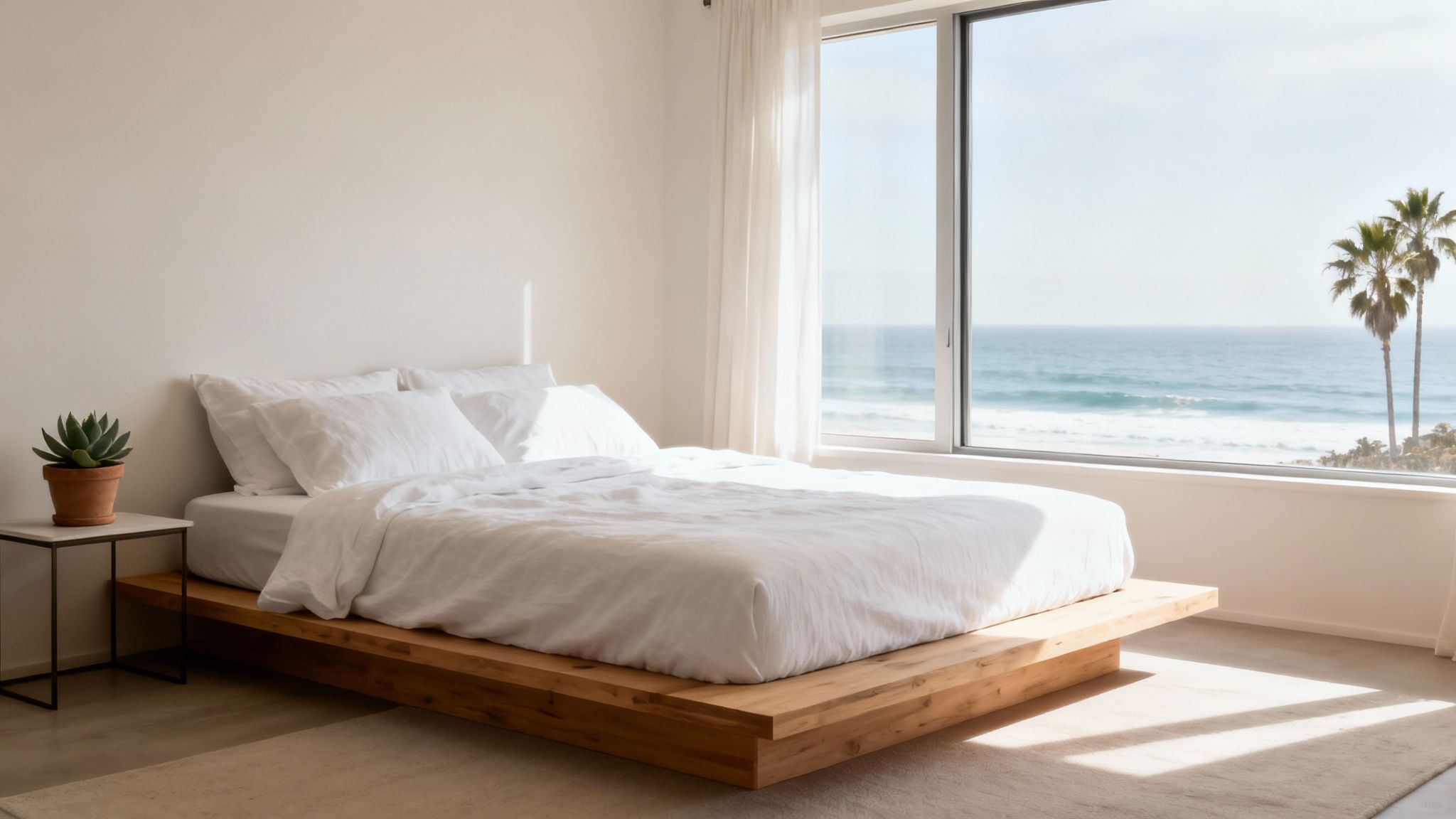 A modern bedroom with a large window showing the ocean and palm trees, featuring a wooden platform bed with white bedding.