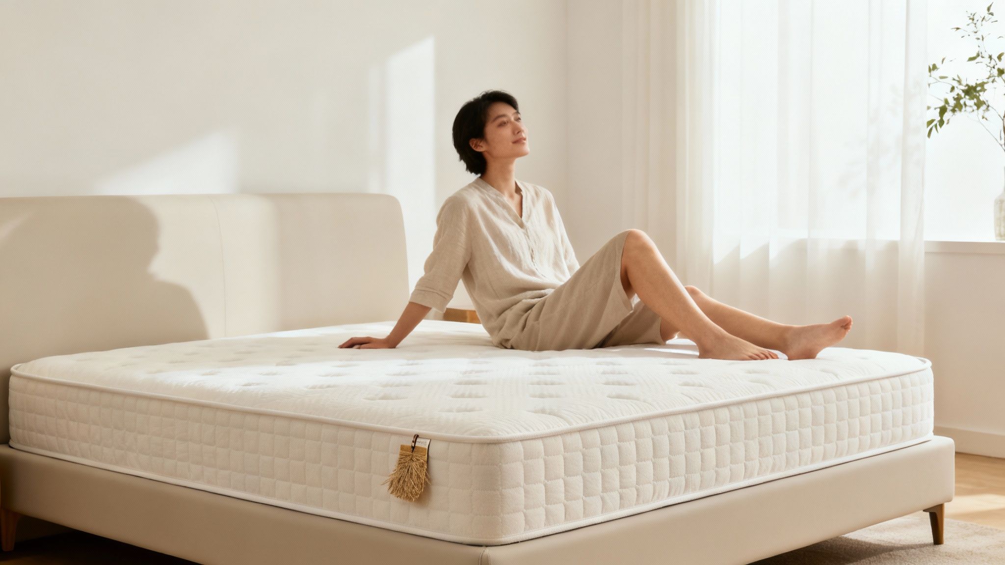 Person testing a luxury mattress in a well-lit, elegant showroom.