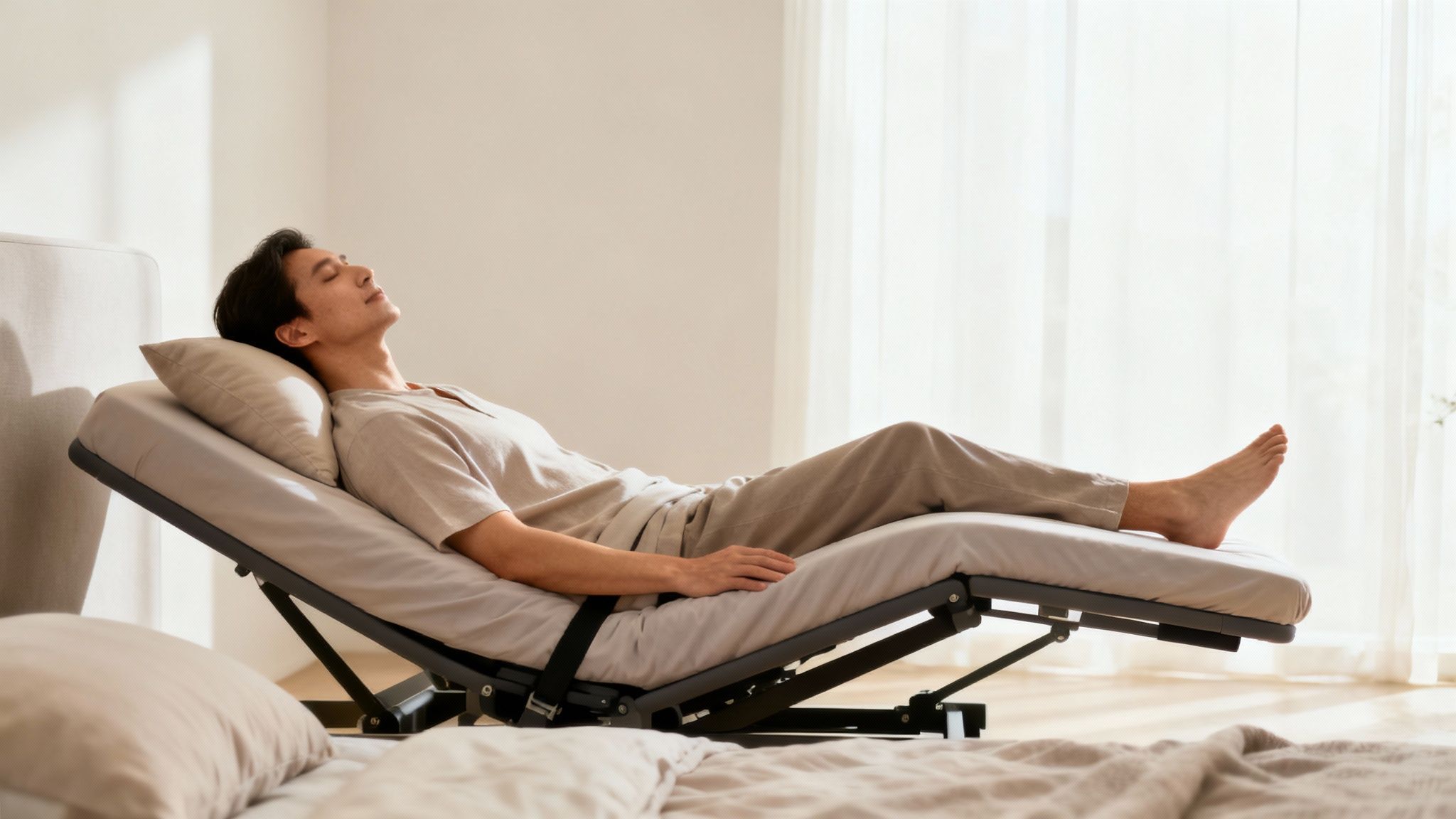 Person sleeping on an adjustable bed base in a modern bedroom