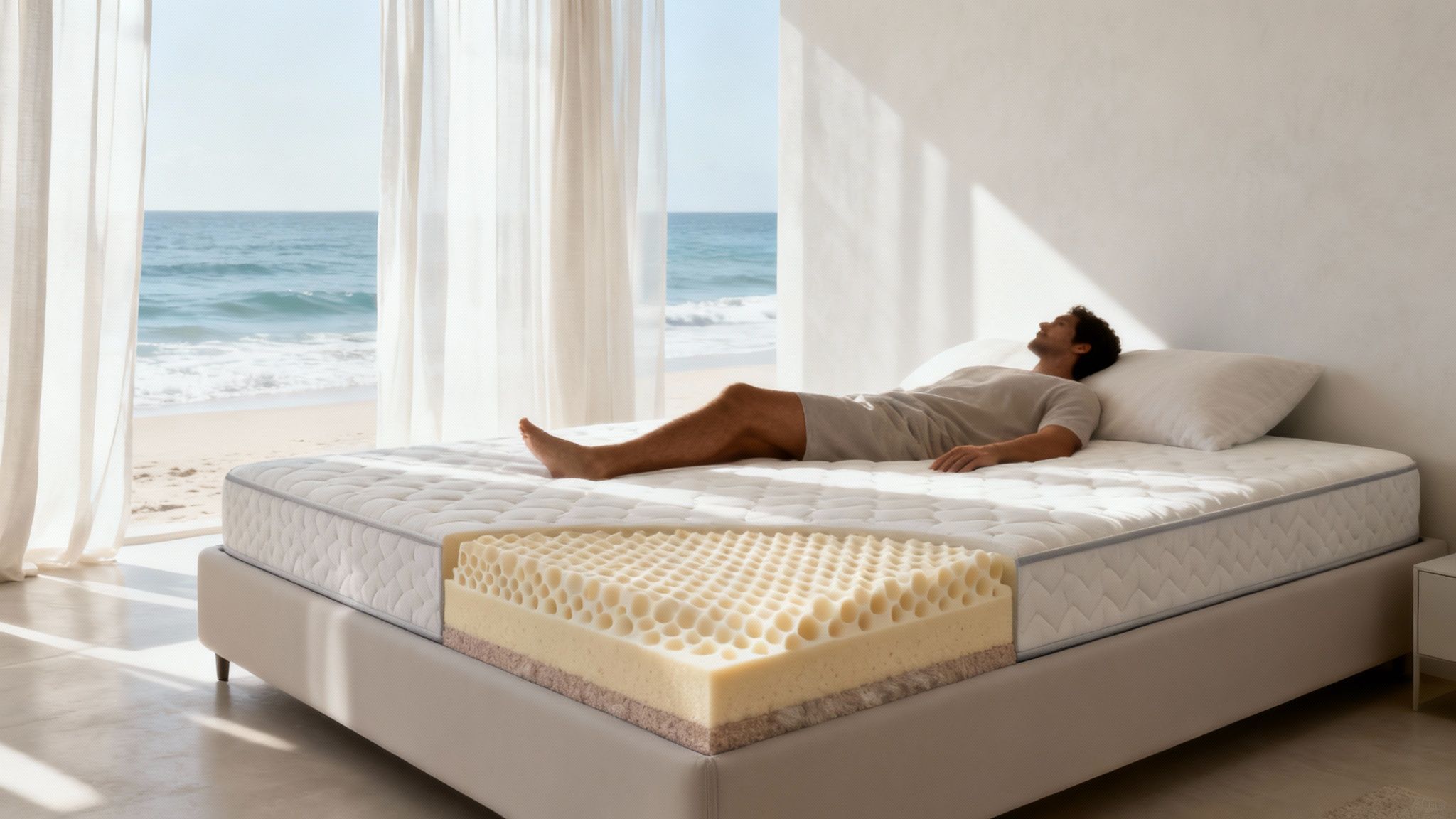 A man sleeping on a natural latex mattress with a cutaway showing its comfortable layers, by the ocean.